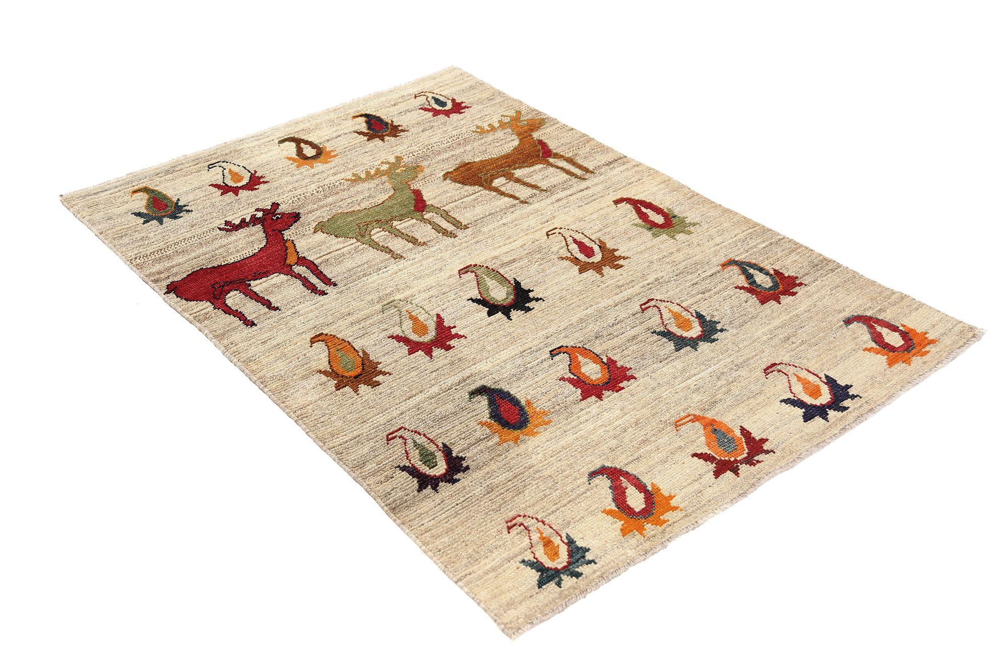 Persischer Shiraz-Teppich aus Wolle mit elfenbeinfarbenem Design - 96933 (Stammeskunst) im Angebot