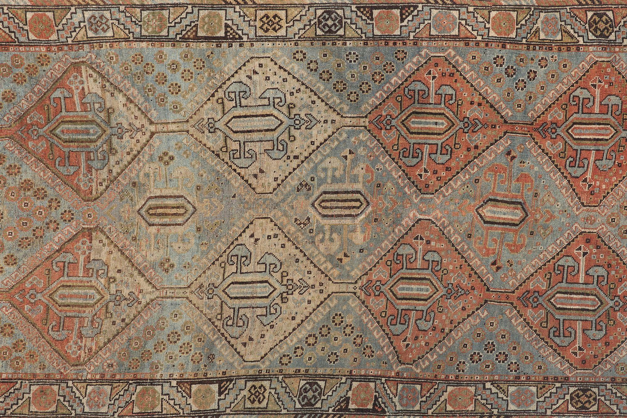 Persischer Shiraz Kleiner Teppich - Wolle Elfenbein Hellblau Rot Design - 97722 im Zustand „Hervorragend“ im Angebot in Dallas, TX