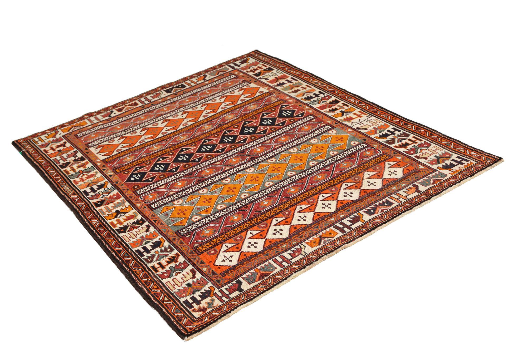 Persischer Shiraz Kleiner Teppich - Wolle Elfenbein Orange Rot Design - 97405 (Irakisch) im Angebot