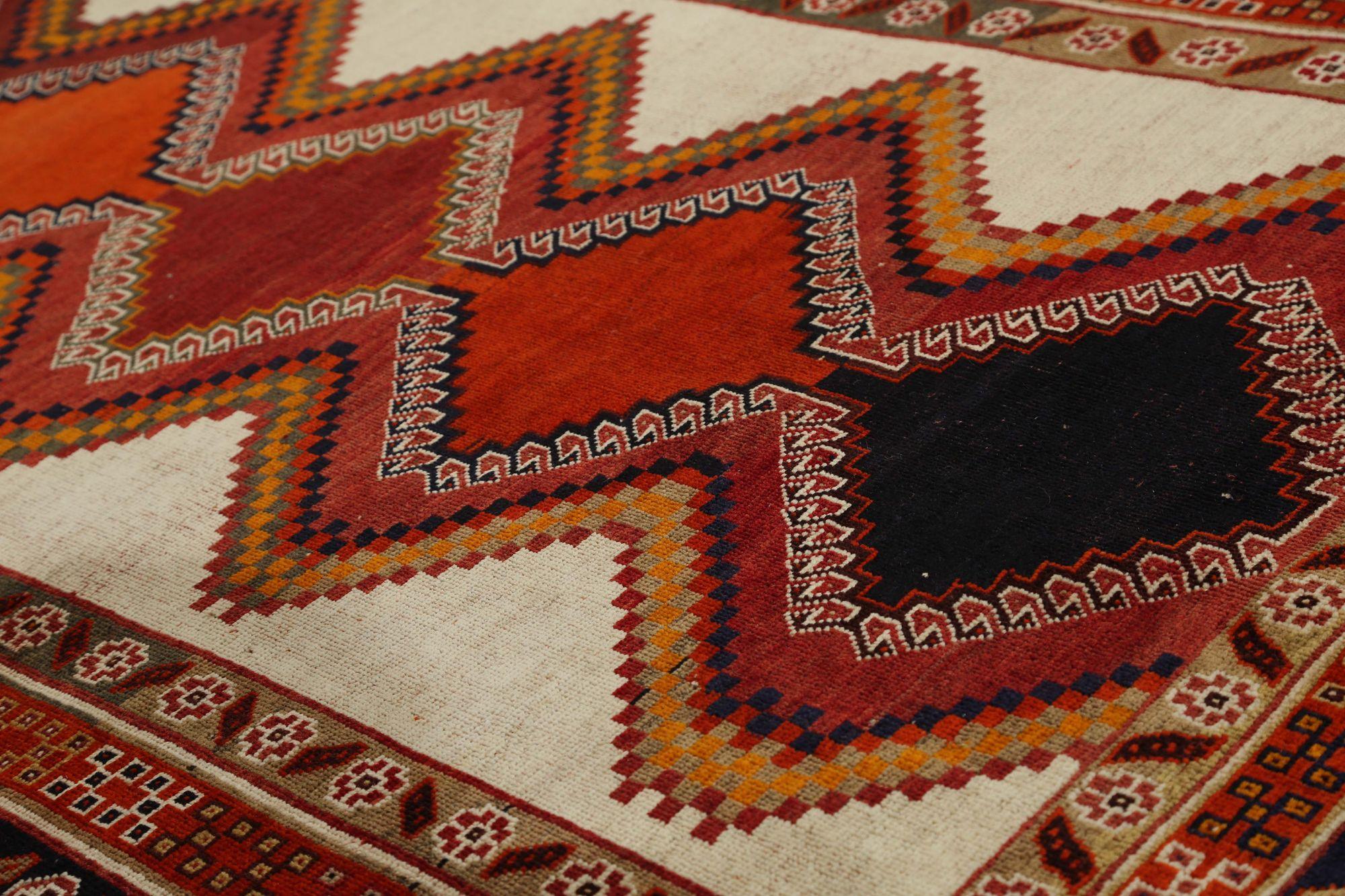 Persischer Shiraz Kleiner Teppich - Wolle Elfenbein Orange Rot Gelb - 97467 (20. Jahrhundert) im Angebot