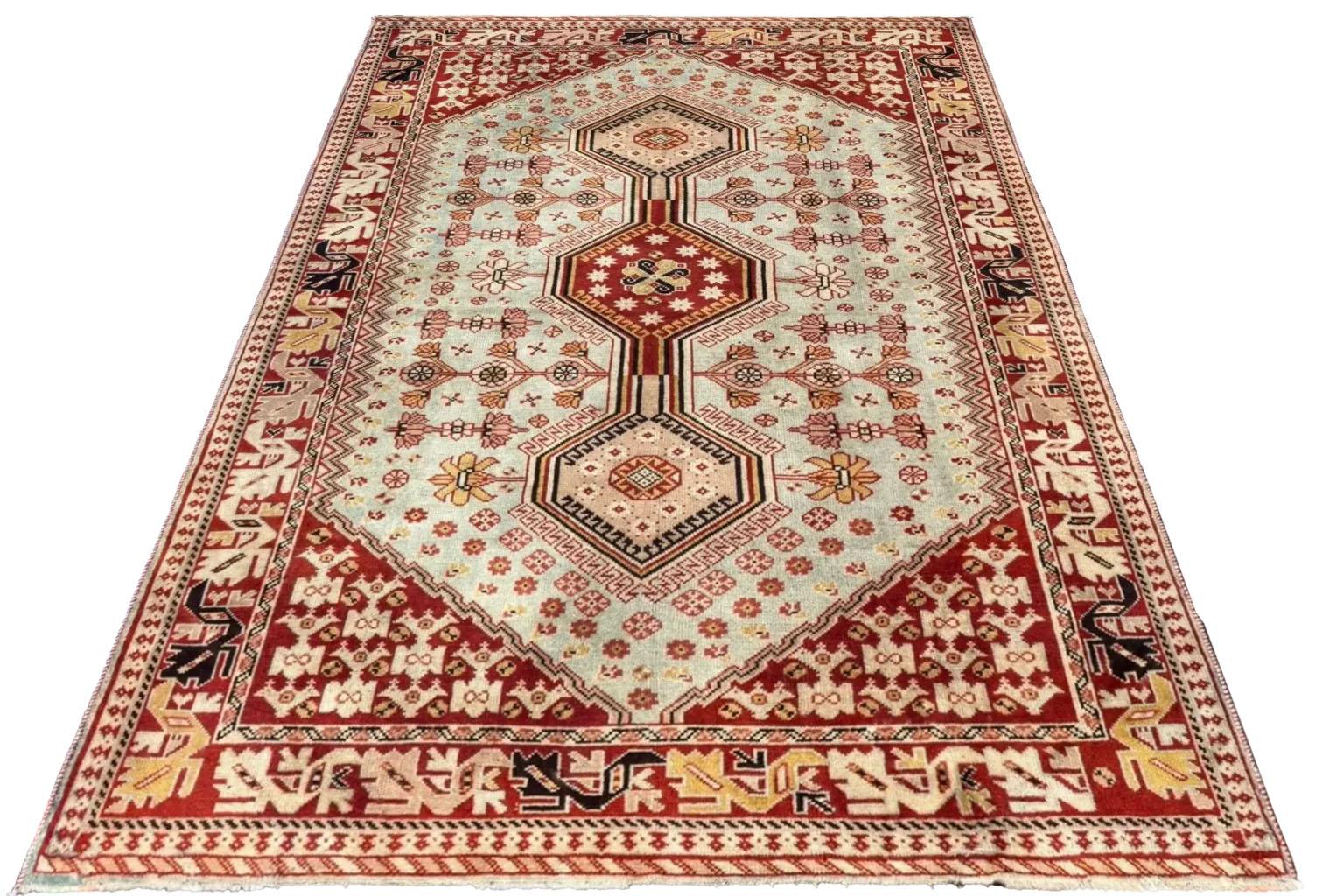 Hand-Woven Persian Shiraz Small Rug - light Blue & Red For Sale