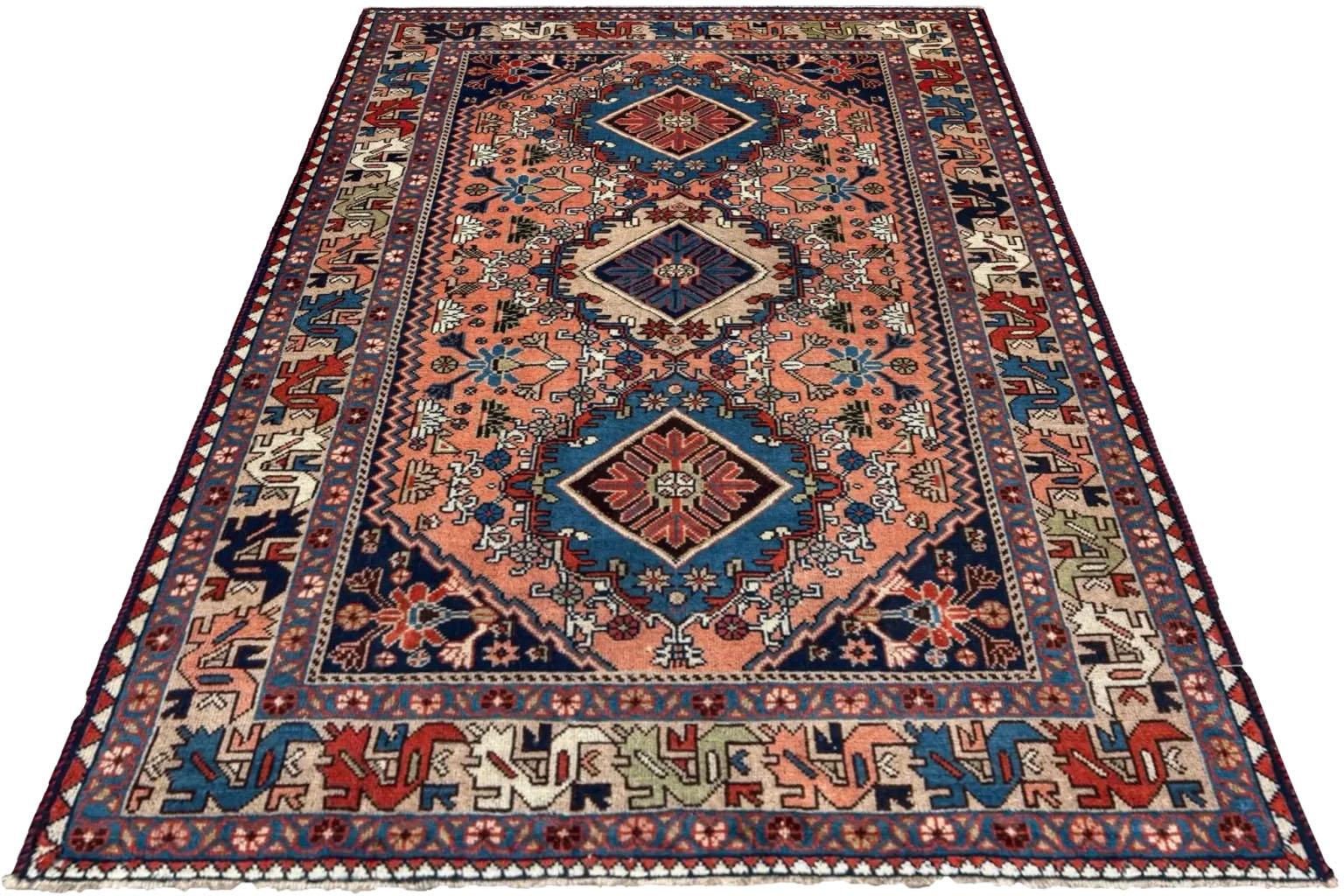 Hand-Woven Persian Shiraz Small Rug - Wool Orange Design - 96701 For Sale