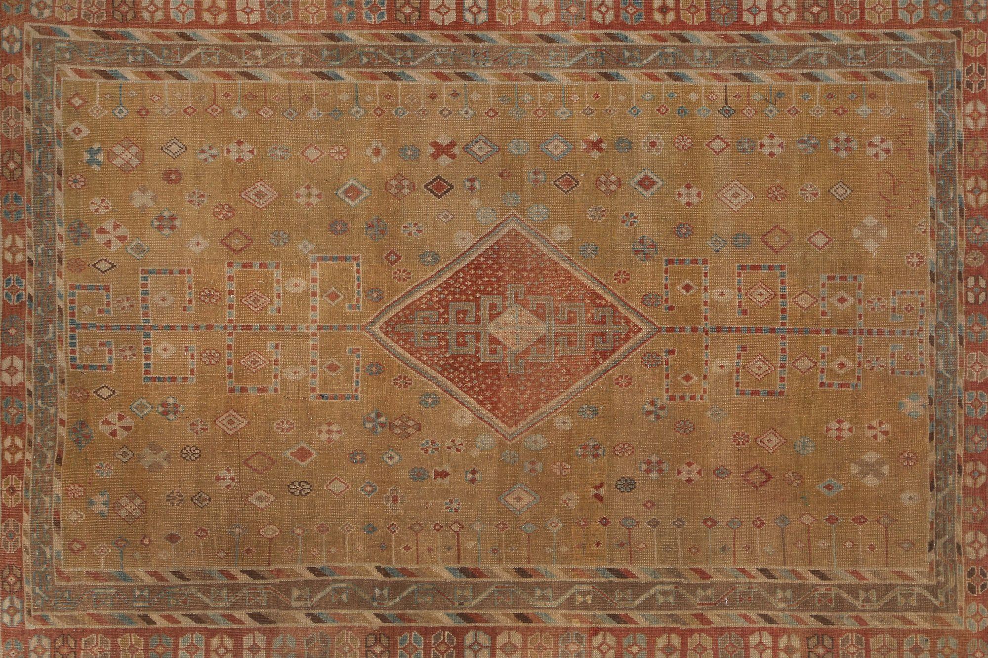 Petit tapis persan Shiraz - Design en laine rouge jaune - 97445 Excellent état - En vente à Dallas, TX