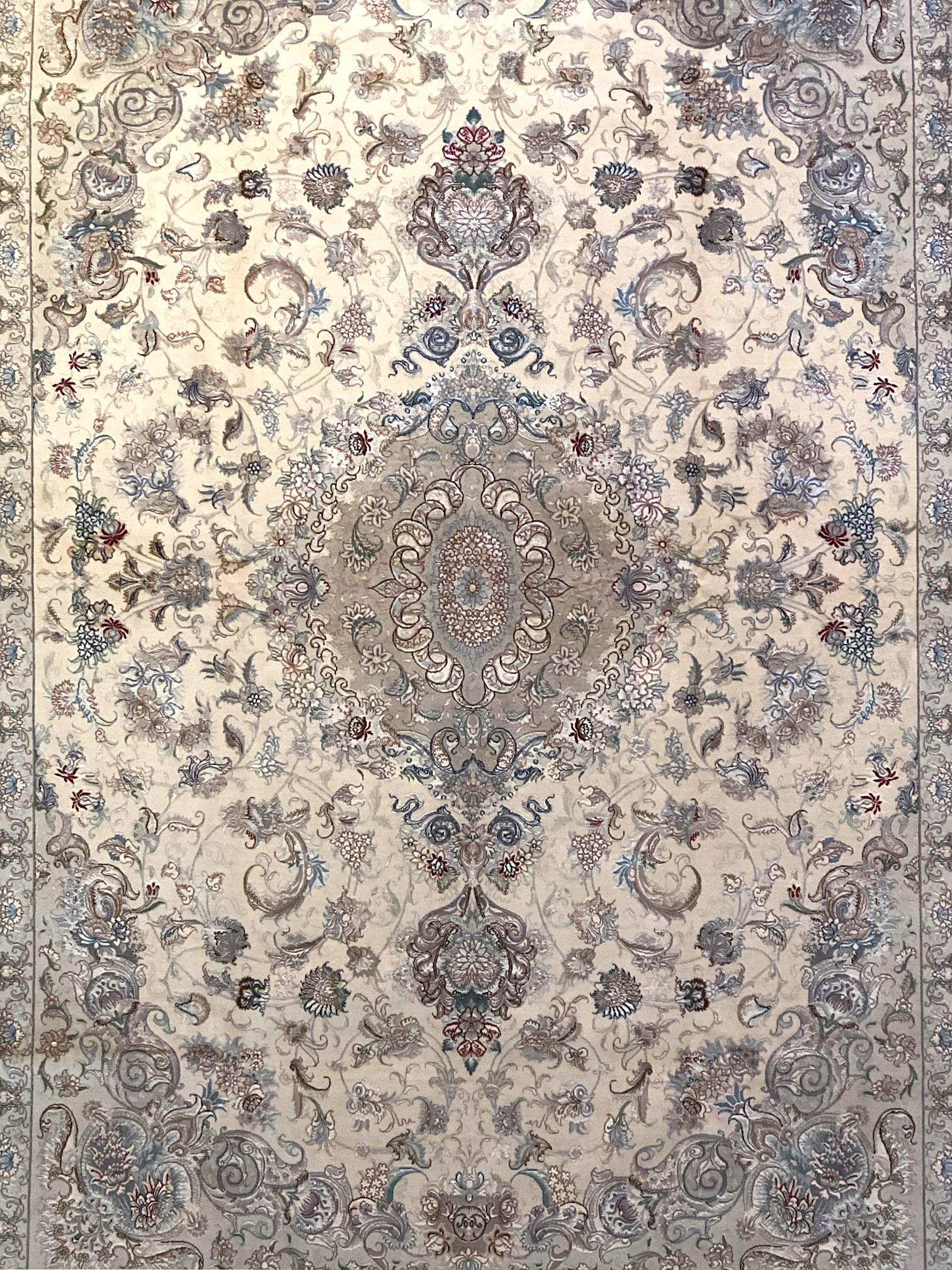 Hand-Knotted Persian Silk Hand Knotted Medallion Floral Tabriz Rug 60 Raj For Sale