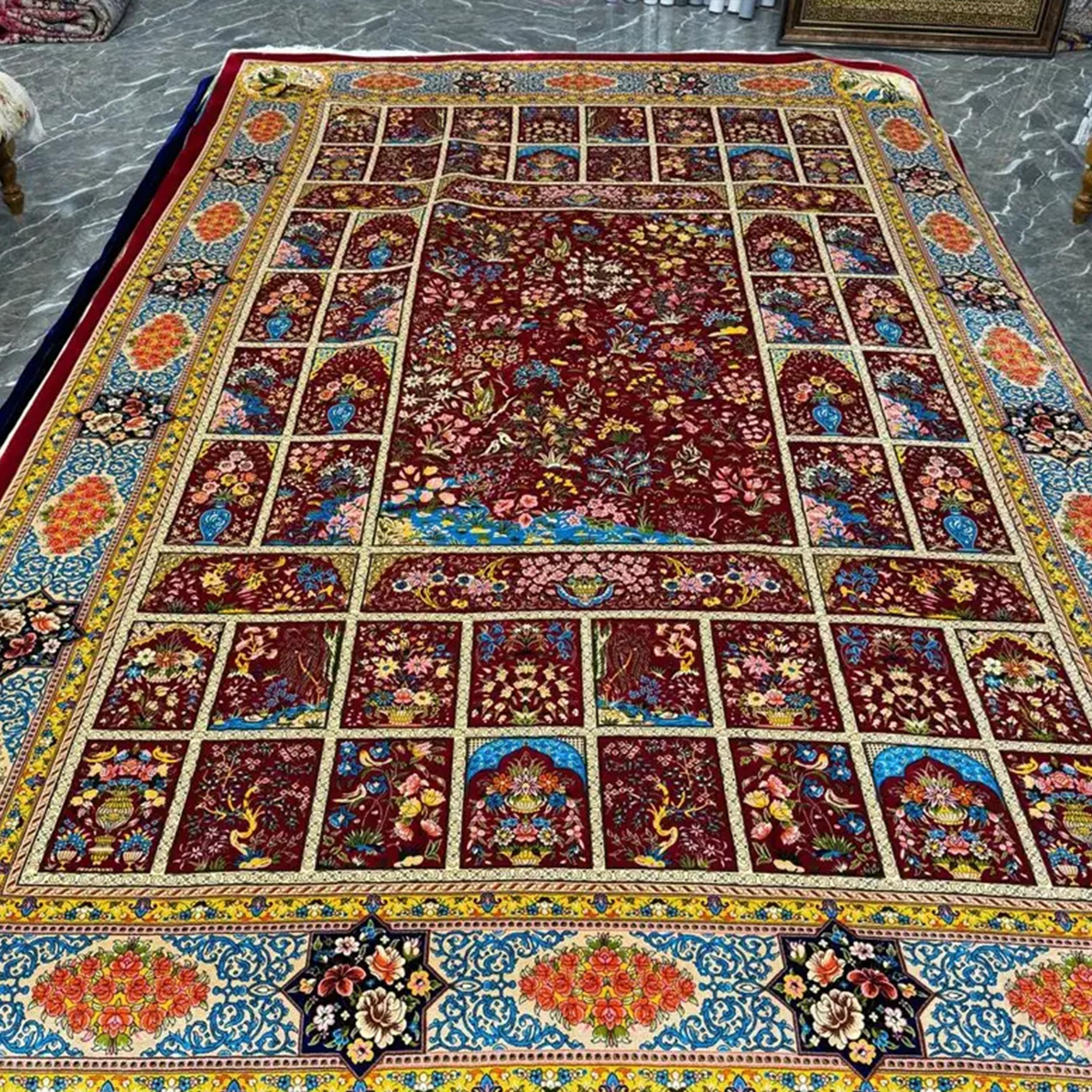 
A rare collector’s Persian silk carpet inspired by the Bagh-e Shah panel garden layout, a classical Safavid motif symbolising paradise. This exceptional composition features a lattice of arch-shaped floral panels surrounding a richly detailed