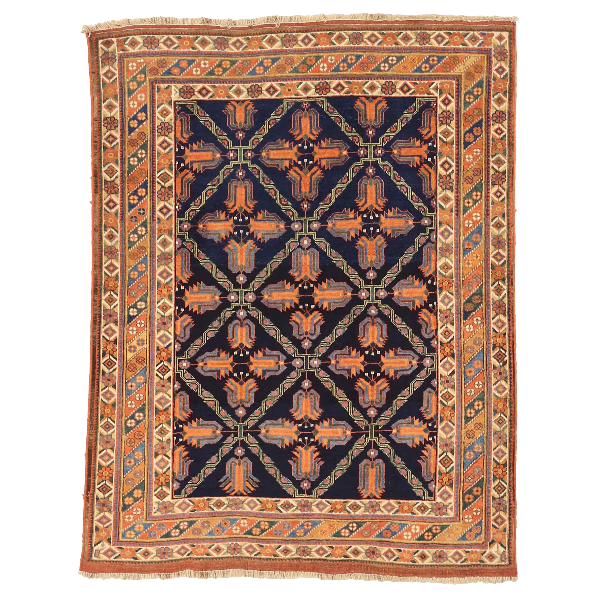 Persischer Sirjan Kleiner Teppich CIRCA 1910 - Wolle Elfenbein Marineblau Rot Gelb - 75405 im Angebot
