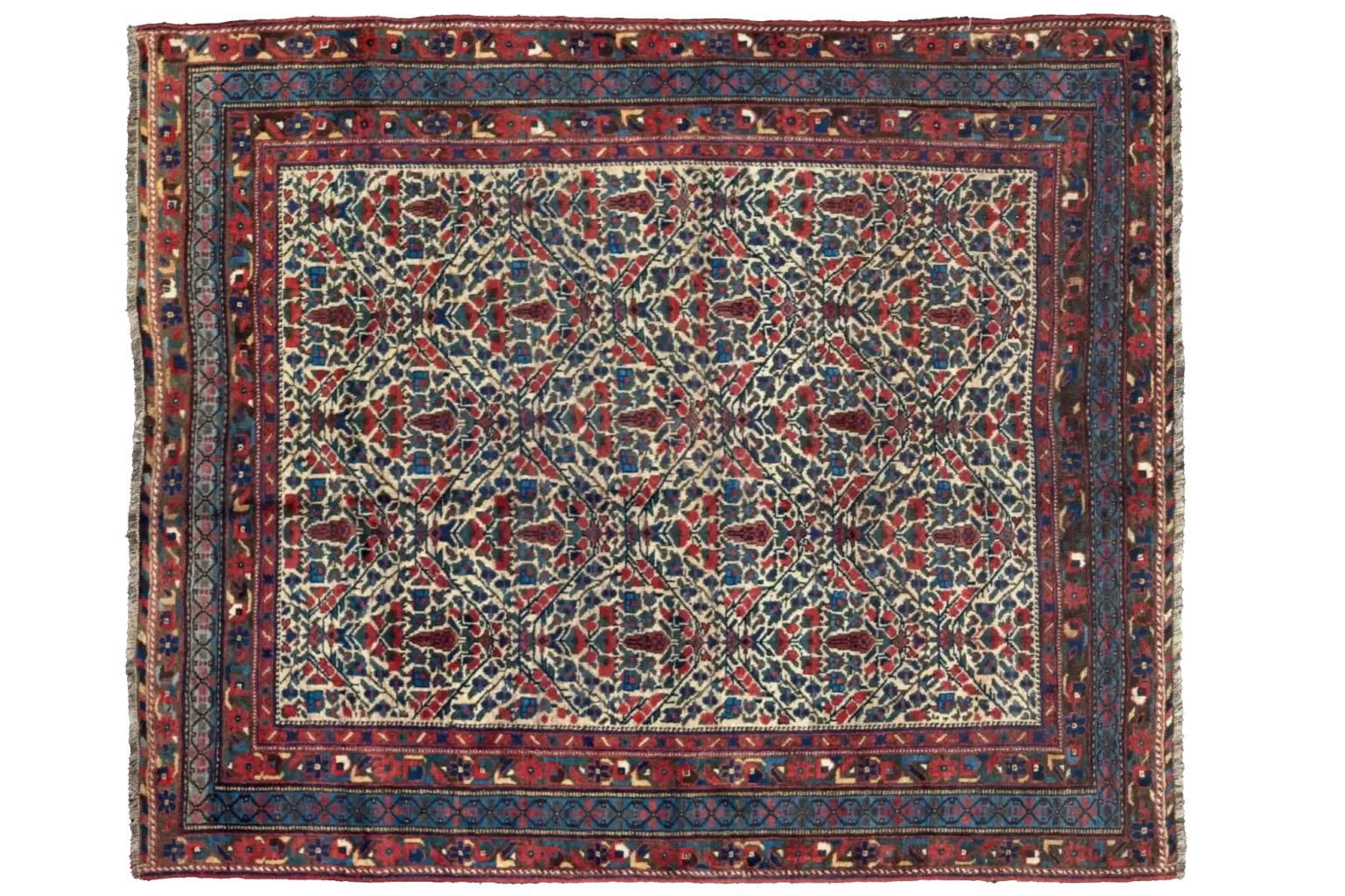 Tribal Persian Sirjan Small Rug - Wool Blue Green Ivory Red For Sale