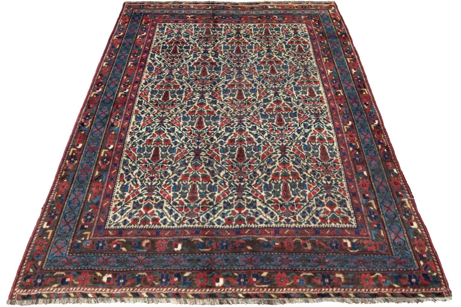 Hand-Knotted Persian Sirjan Small Rug - Wool Blue Green Ivory Red For Sale