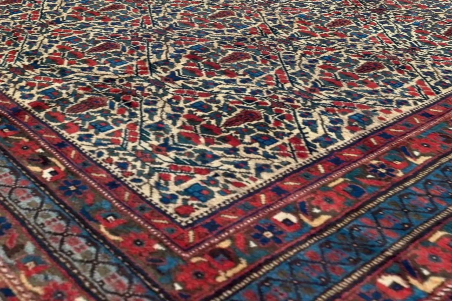 Persian Sirjan Small Rug - Wool Blue Green Ivory Red For Sale 2