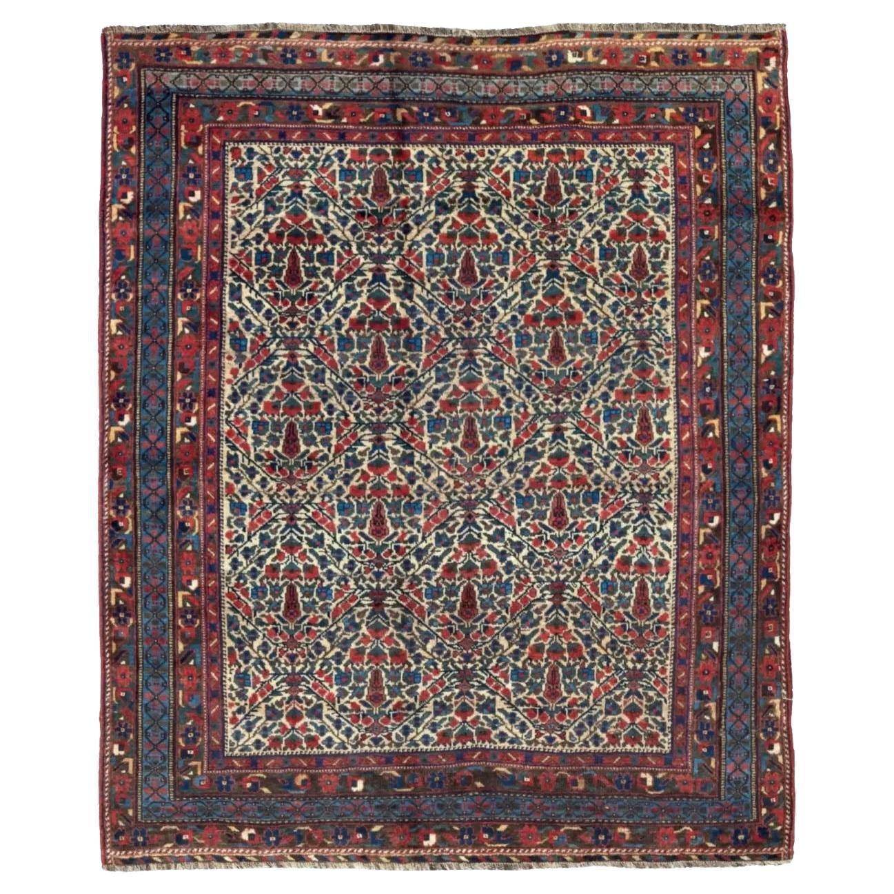 Alfombra Persa Sirjan Pequeña - Lana Azul Verde Marfil Rojo 71558