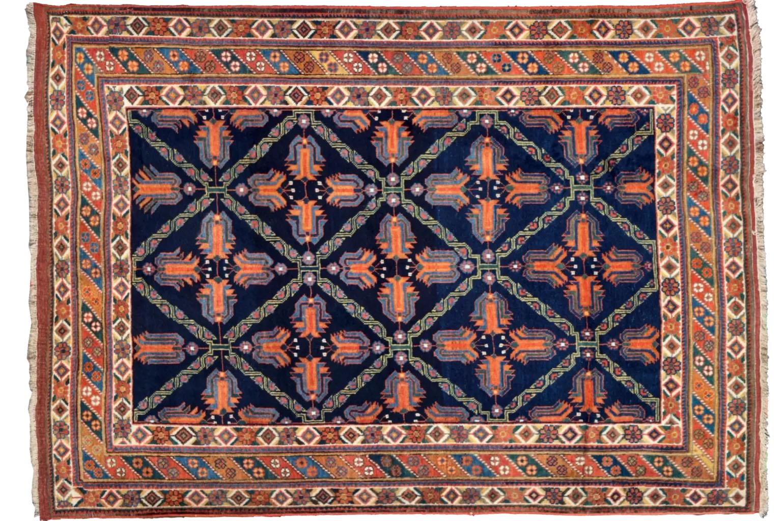 Alfombra Persa Pequeña De Diseño Sirjan - Azul Marino Y Naranja Tribal en venta