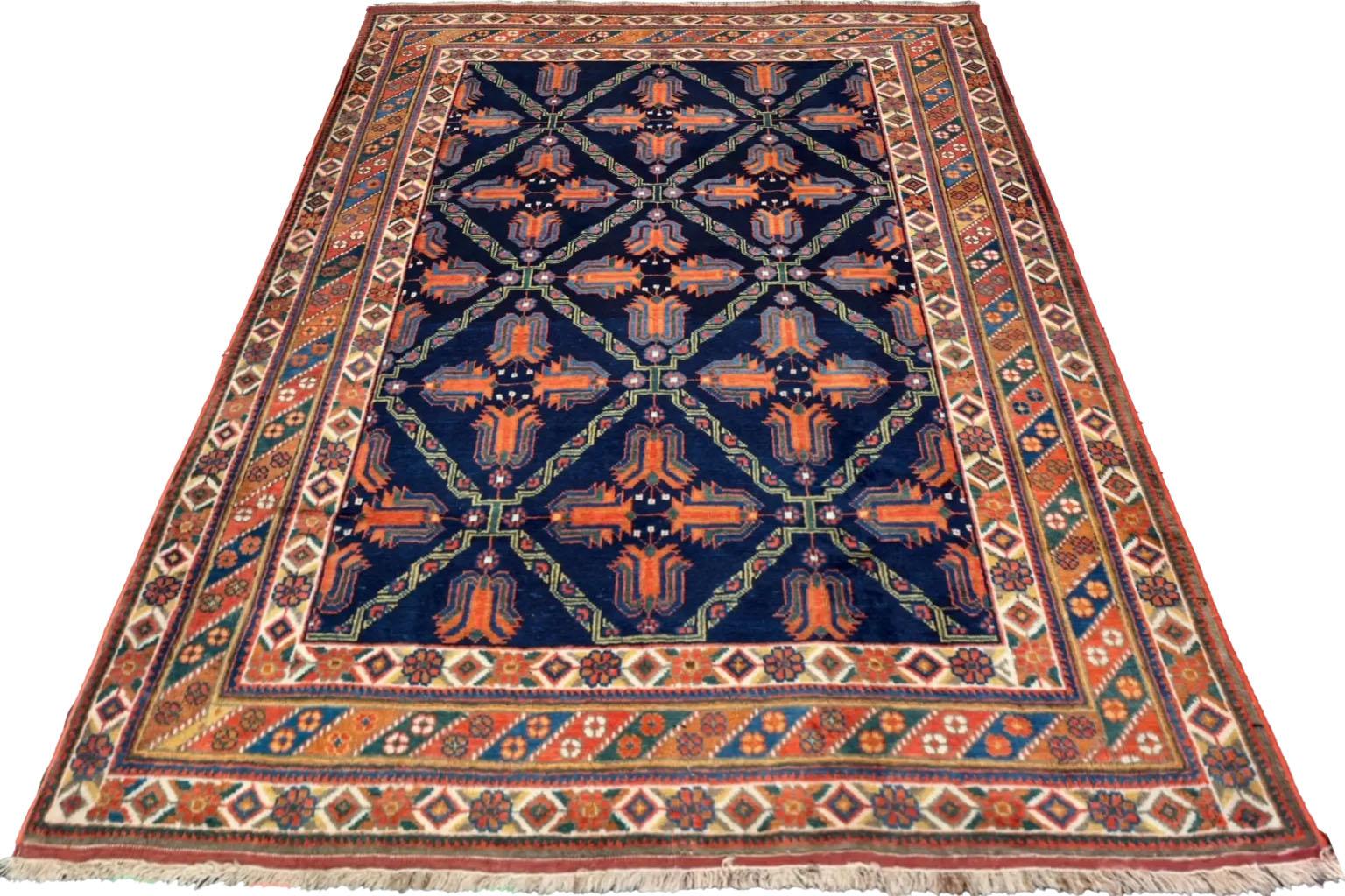 Alfombra Persa Pequeña De Diseño Sirjan - Azul Marino Y Naranja Tejido a mano en venta