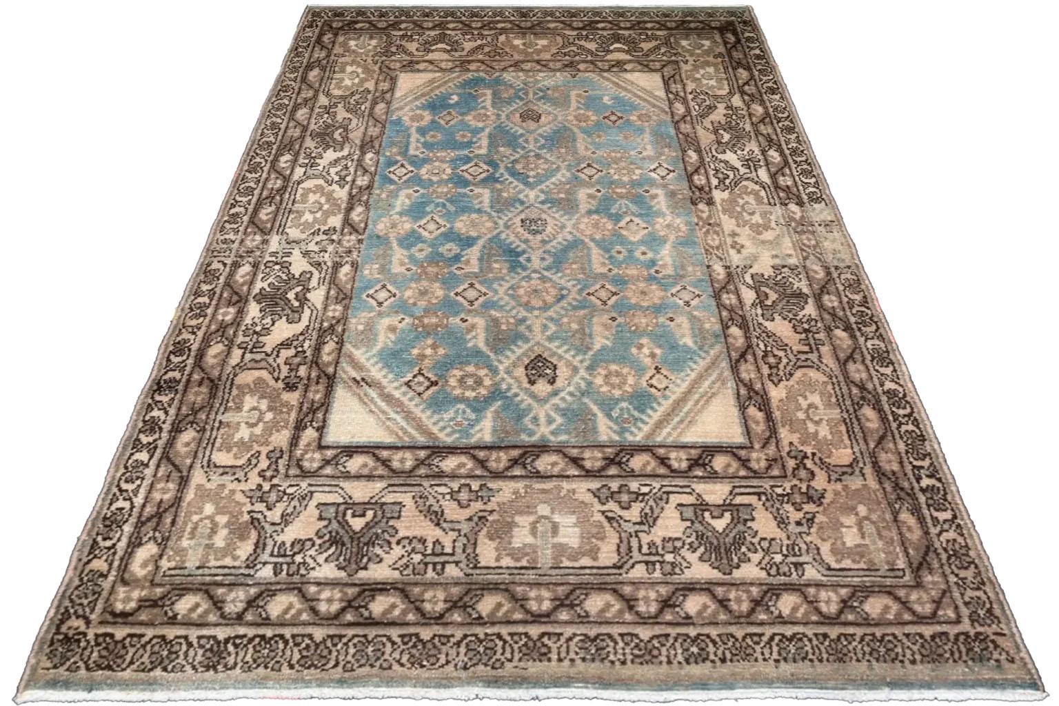 Hand-Woven Persian Small Rug - Mahal Design - Blue Ivory Brown For Sale