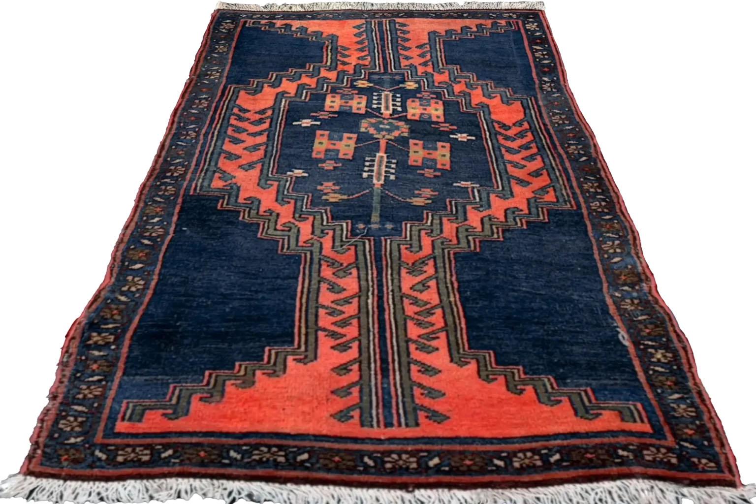 Hand-Woven Persian Small Rug - Zanjan Design - Navy & Red For Sale