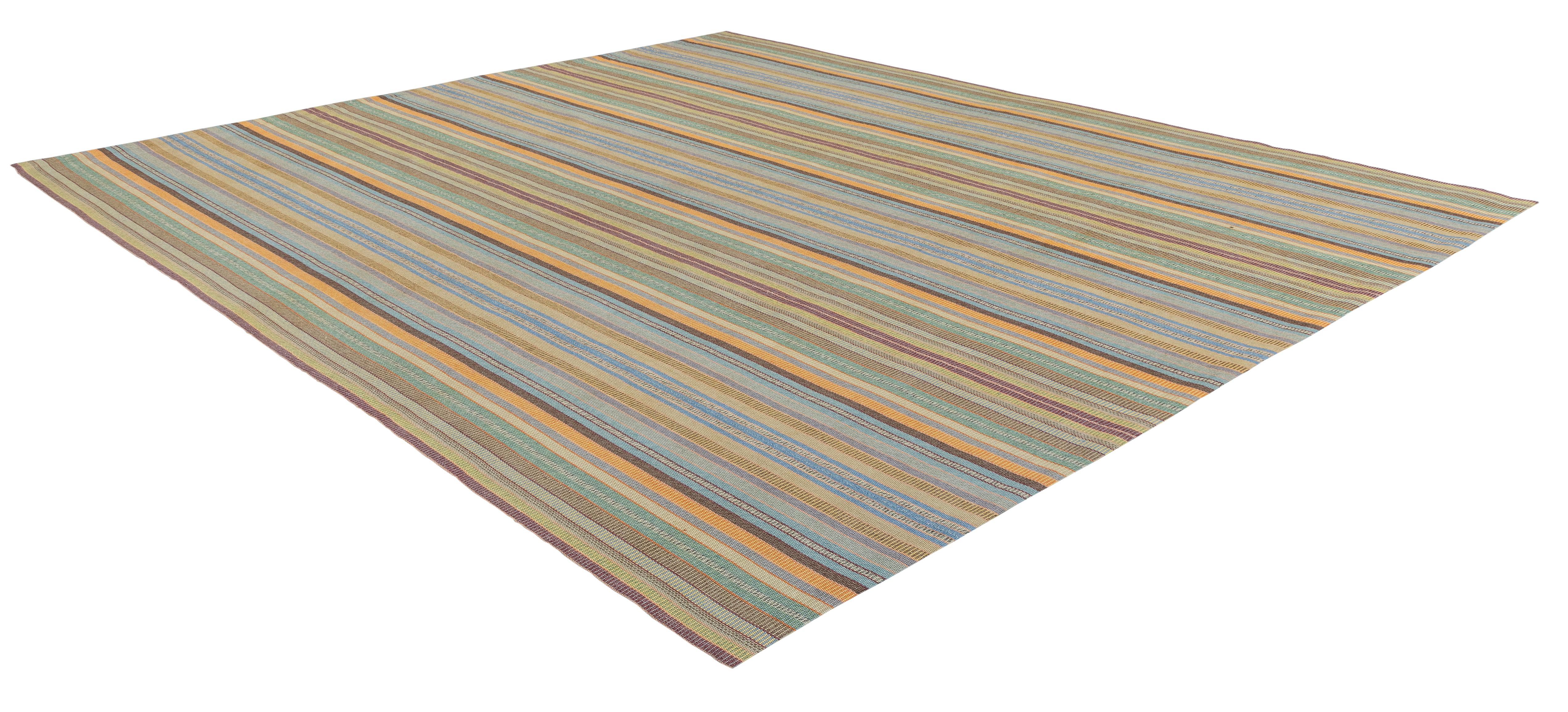 Hand-Woven Persian Striped Flat Weave Rug – Hand-Spun Yarn, Vegetable-Dyed, Made to Order For Sale