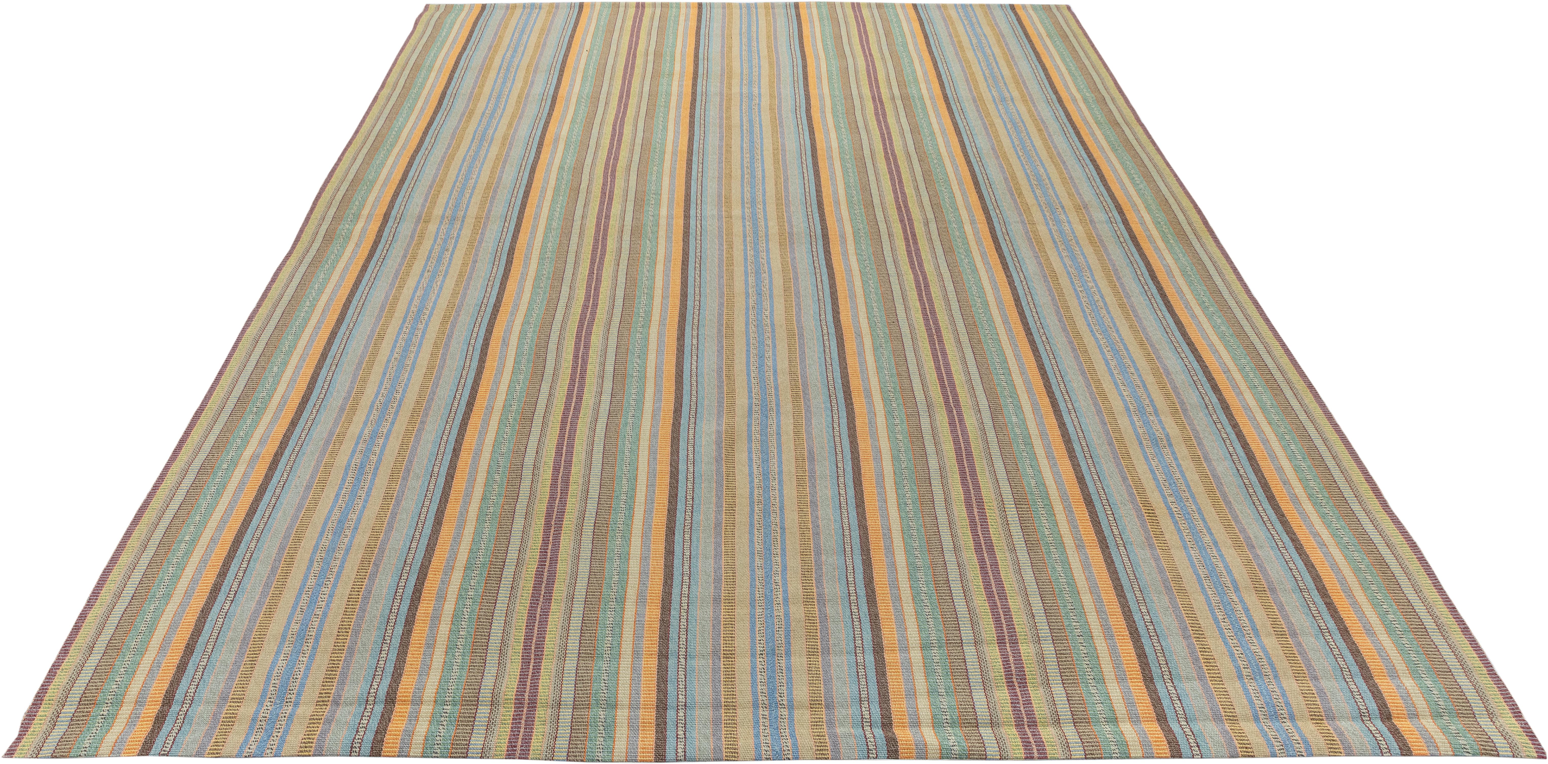 Contemporary Persian Striped Flat Weave Rug – Hand-Spun Yarn, Vegetable-Dyed, Made to Order For Sale