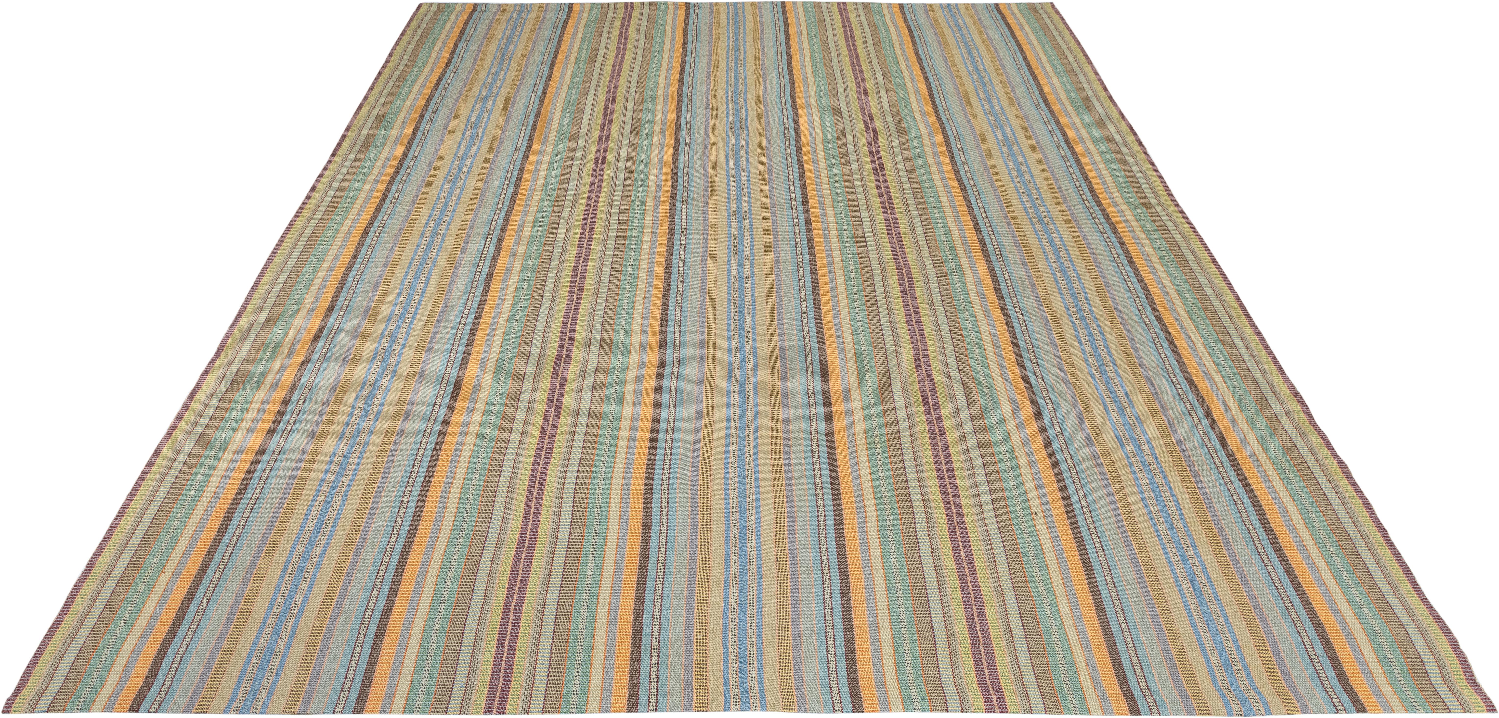 Wool Persian Striped Flat Weave Rug – Hand-Spun Yarn, Vegetable-Dyed, Made to Order For Sale
