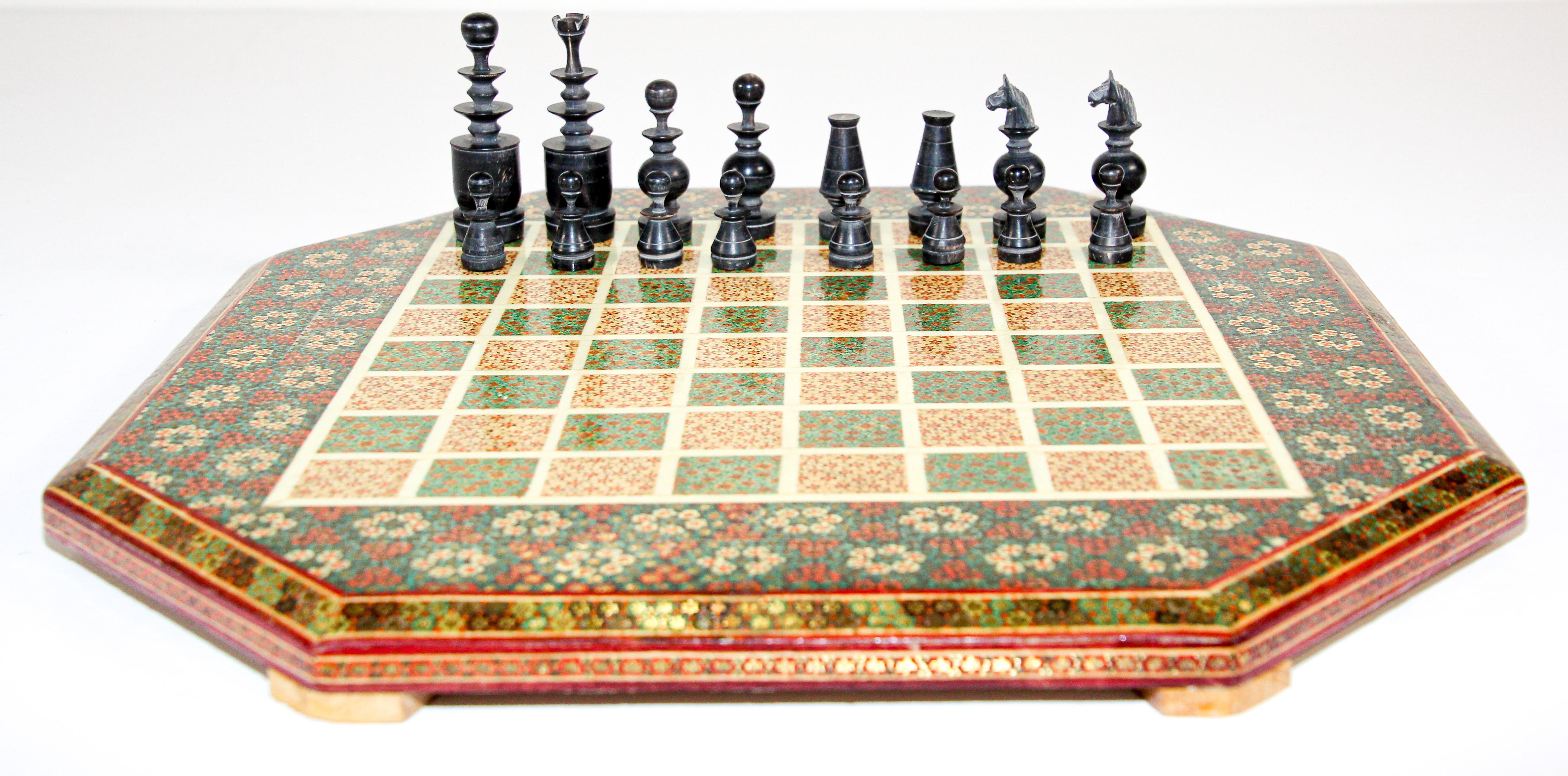 20th Century Middle Eastern Micro Mosaic Octagonal Chess Game with Horn Pieces For Sale
