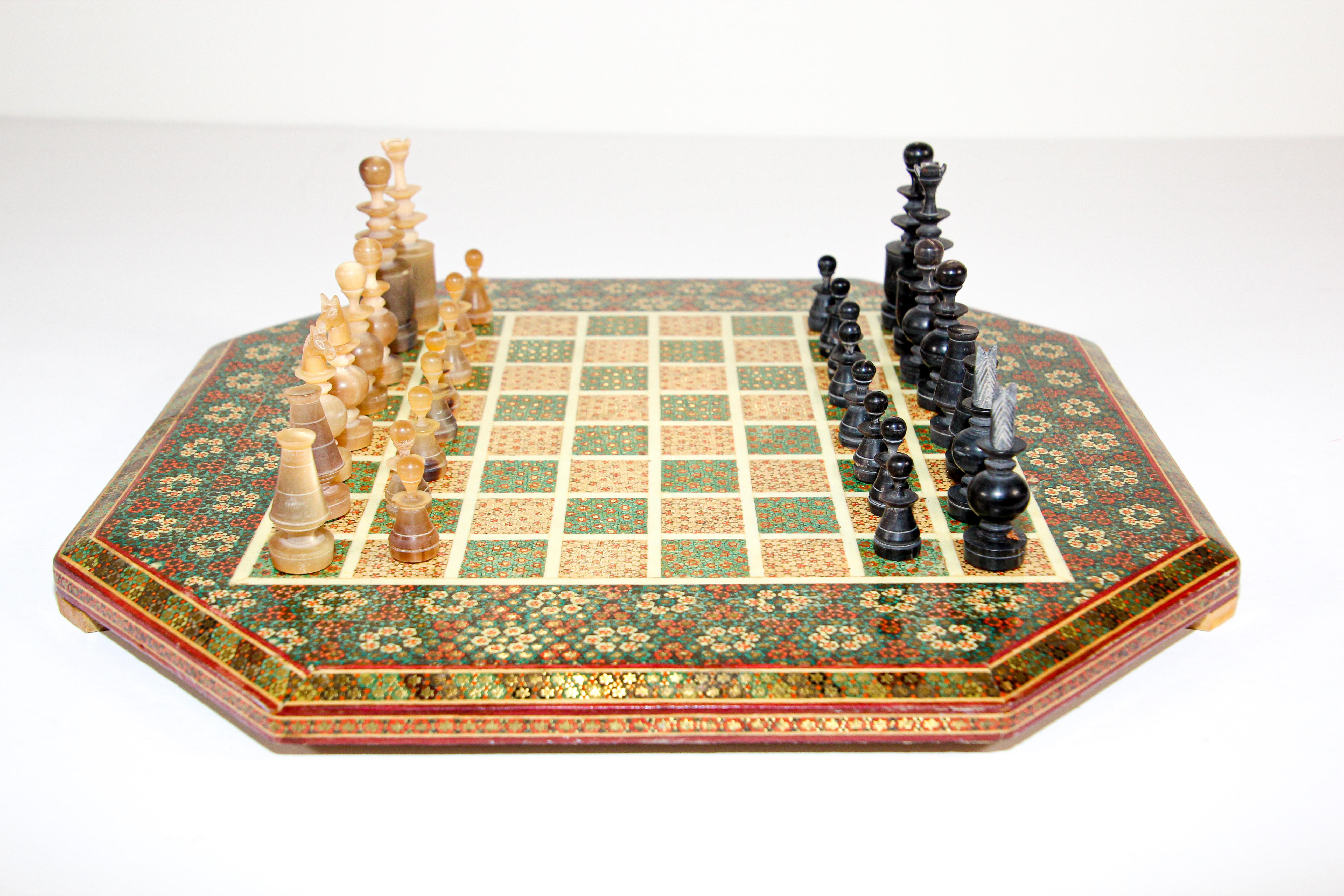 Middle Eastern Micro Mosaic Octagonal Chess Game with Horn Pieces For Sale 1