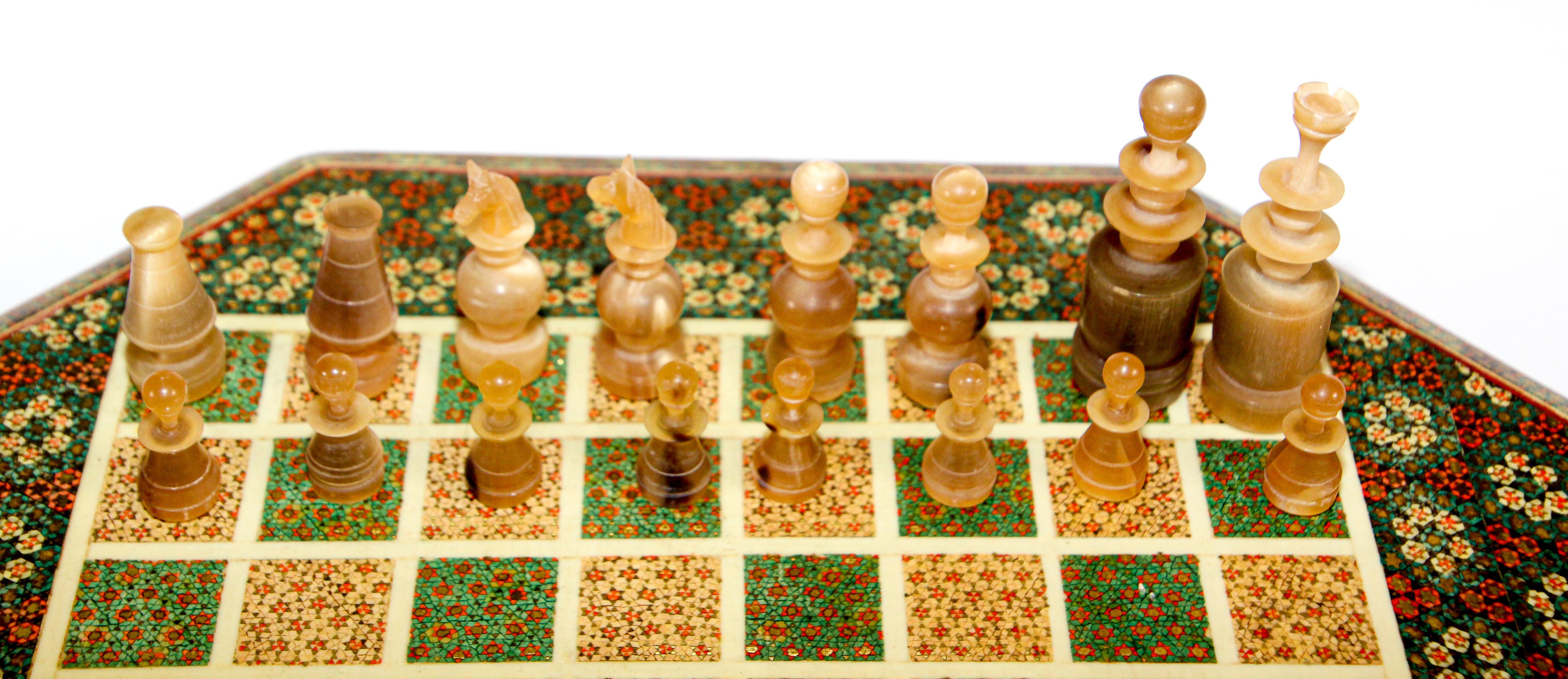 Middle Eastern Micro Mosaic Octagonal Chess Game with Horn Pieces For Sale 2