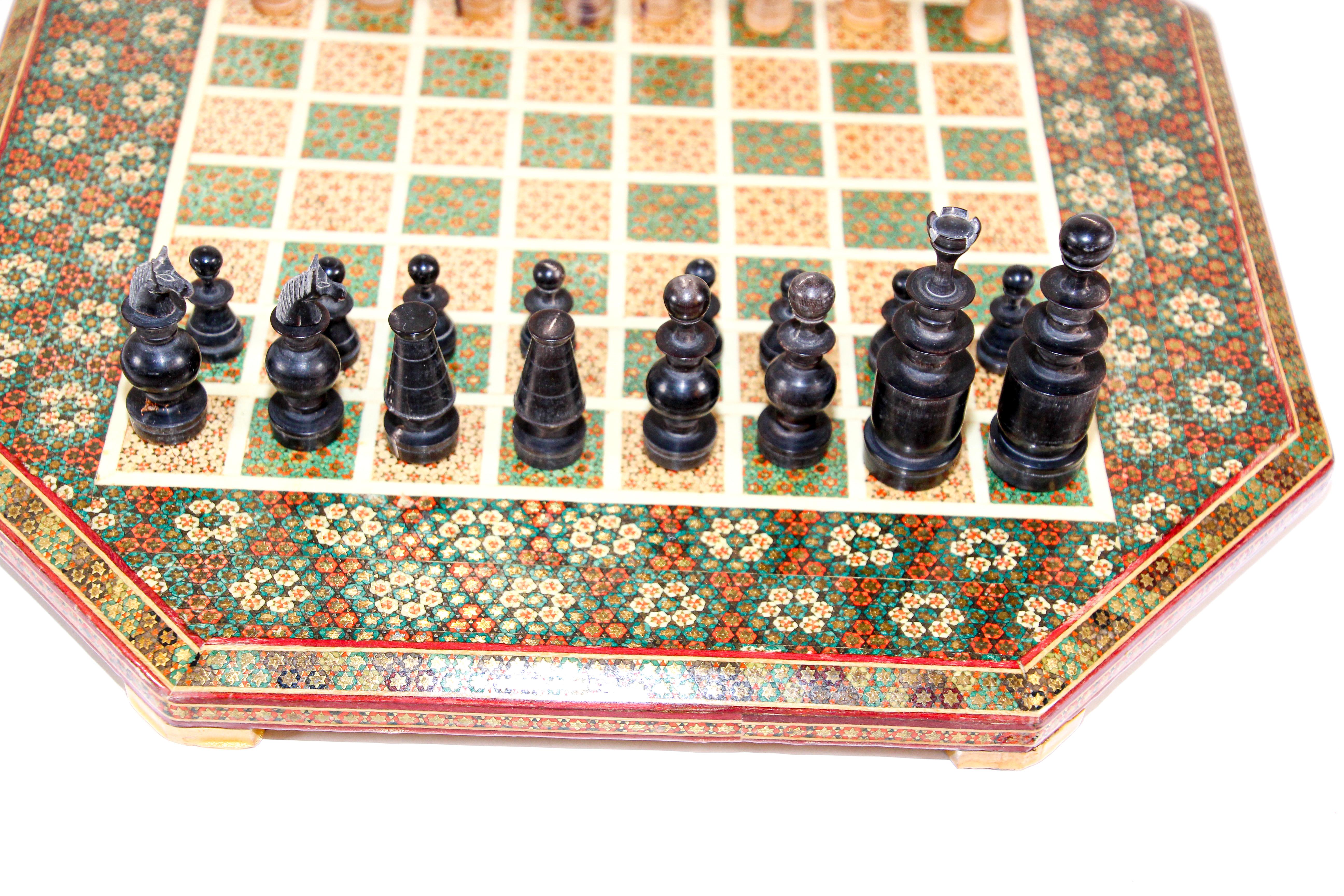 Middle Eastern Micro Mosaic Octagonal Chess Game with Horn Pieces For Sale 3