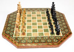 Middle Eastern Micro Mosaic Octagonal Chess Game with Horn Pieces