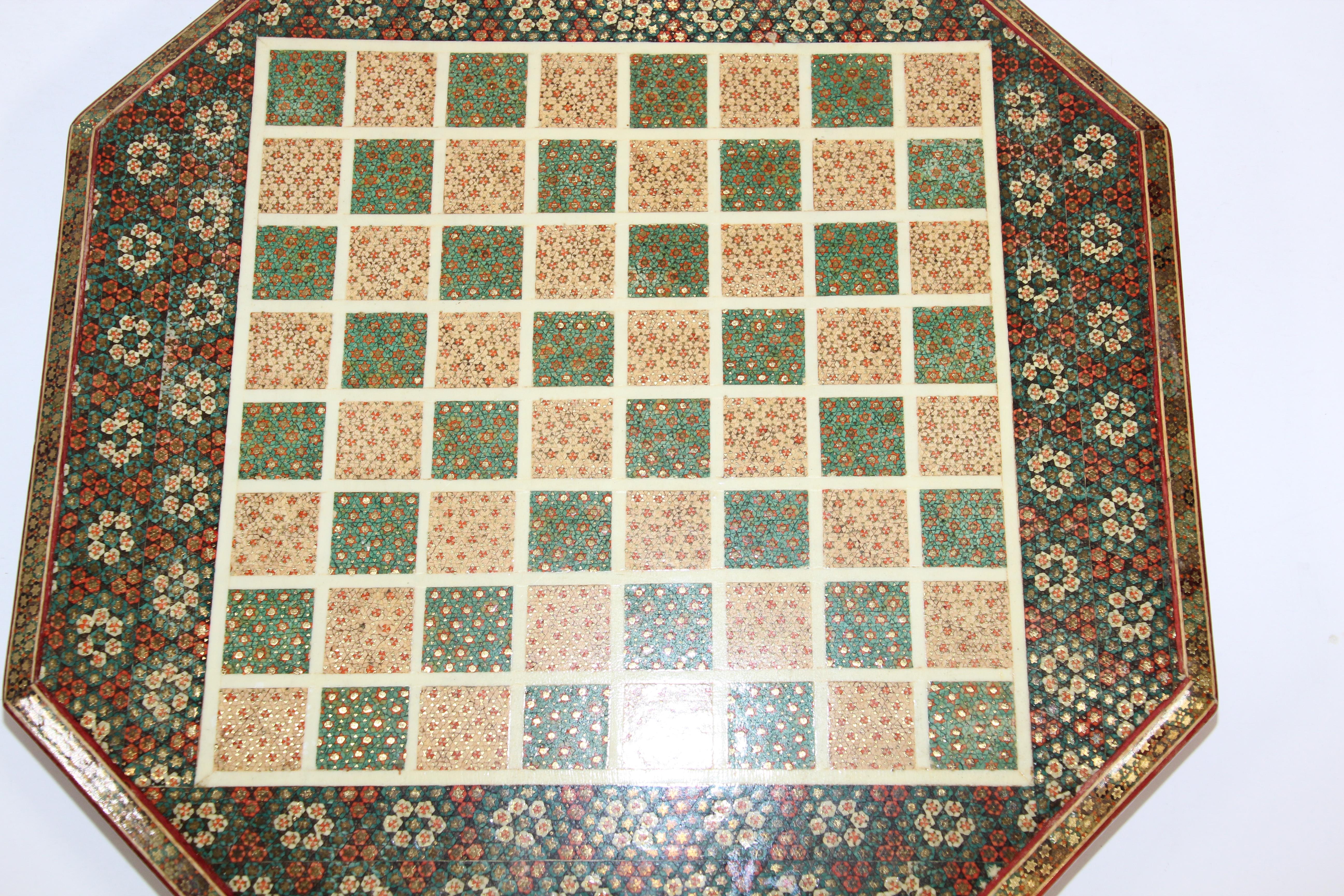 Moorish Middle Eastern Micro Mosaic Octagonal Chess Game with Horn Pieces For Sale