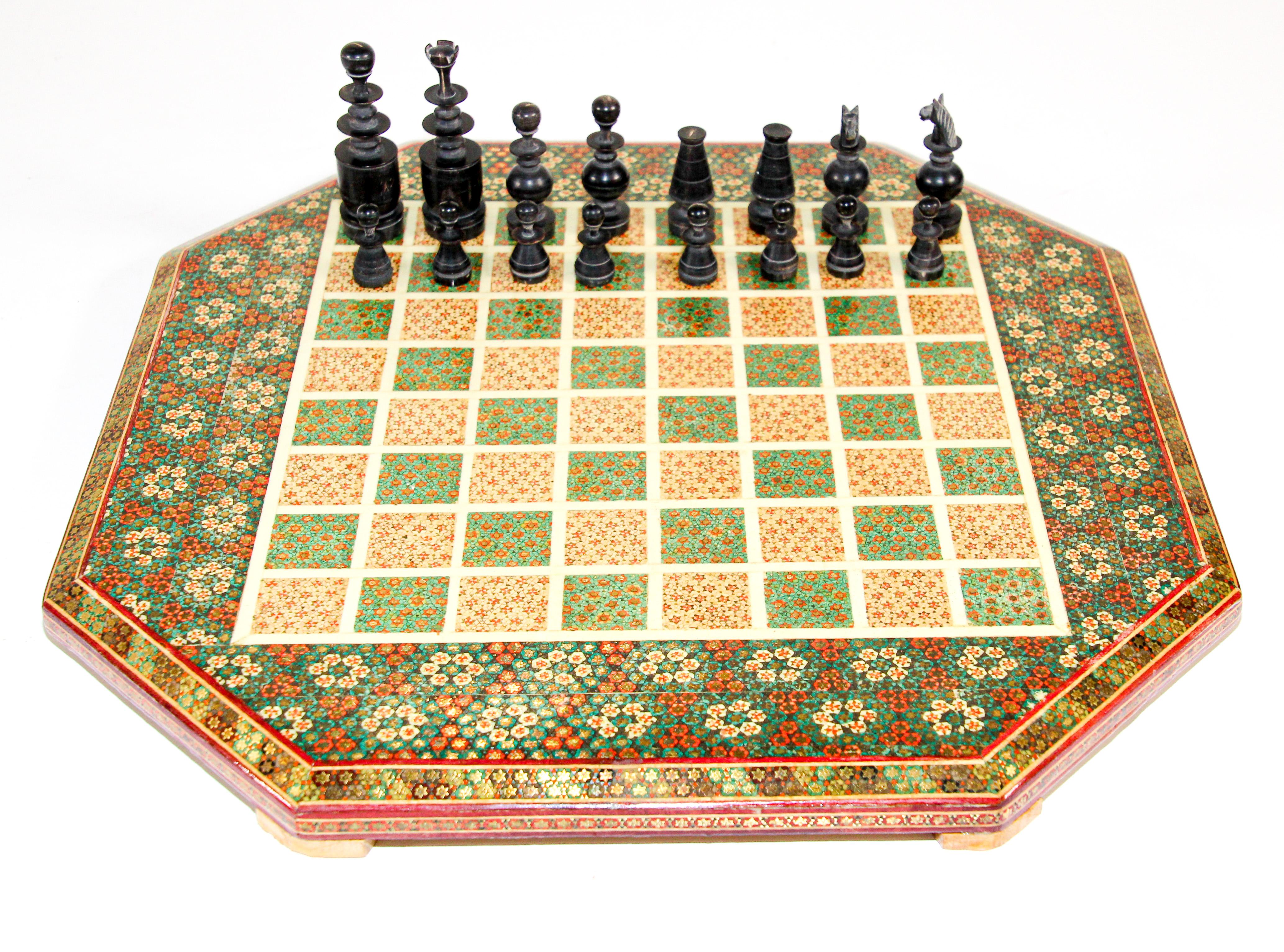 Marquetry Middle Eastern Micro Mosaic Octagonal Chess Game with Horn Pieces For Sale