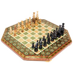 Used Middle Eastern Micro Mosaic Octagonal Chess Game with Horn Pieces