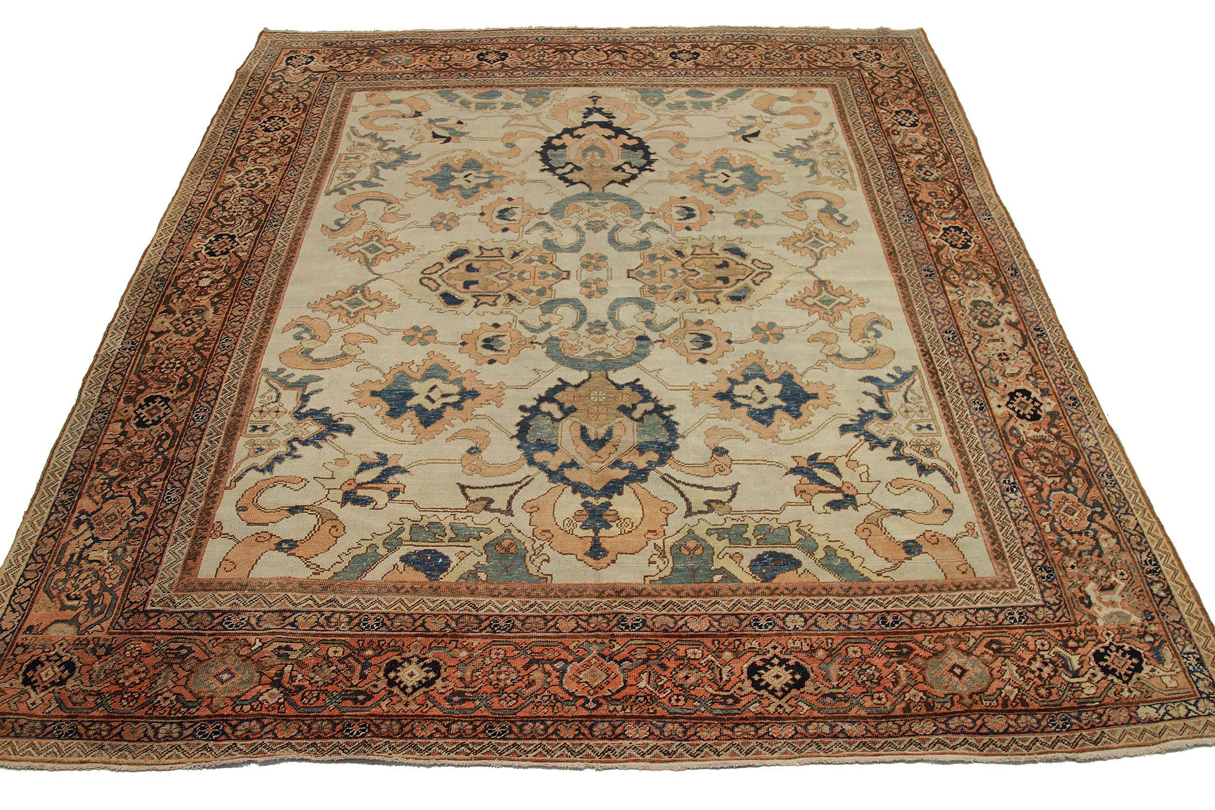 Entdecken Sie die Eleganz der persischen Sultanabad Teppiche von CIRCA 1880. Dieses exklusive Design aus Wolle und Blau-Elfenbein-Rosa ist perfekt, um Ihren Raum zu verschönern.