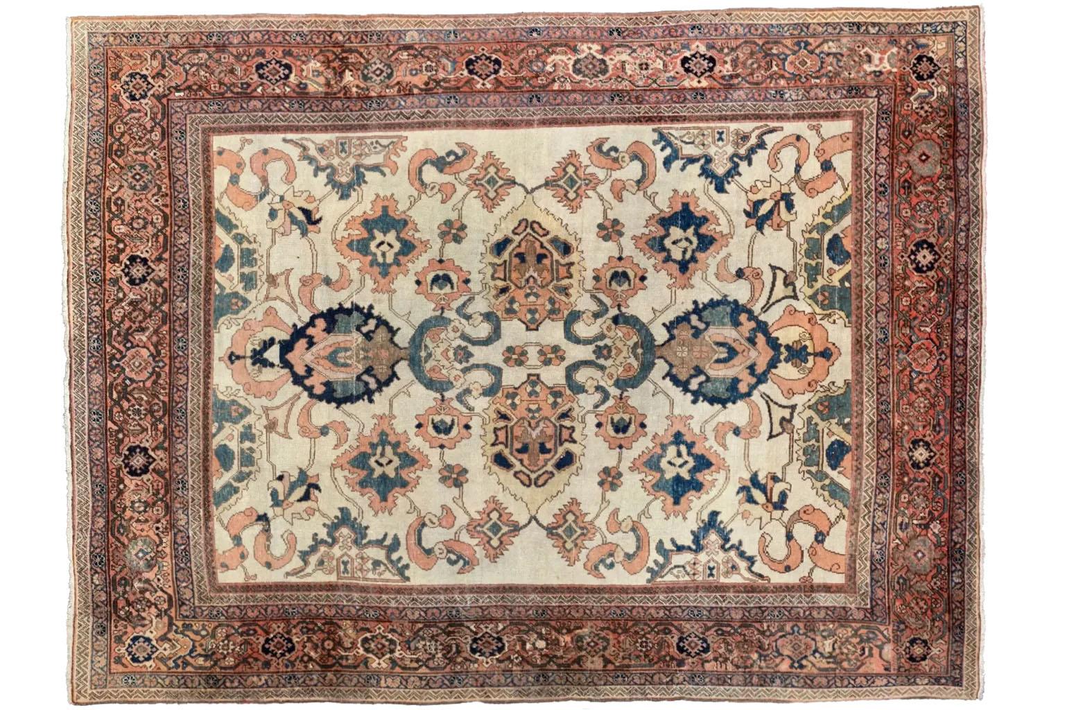 Hand-Woven Persian Sultanabad Area Rugs Circa 1880 - Wool Blue Ivory Pink Red - 92425 For Sale