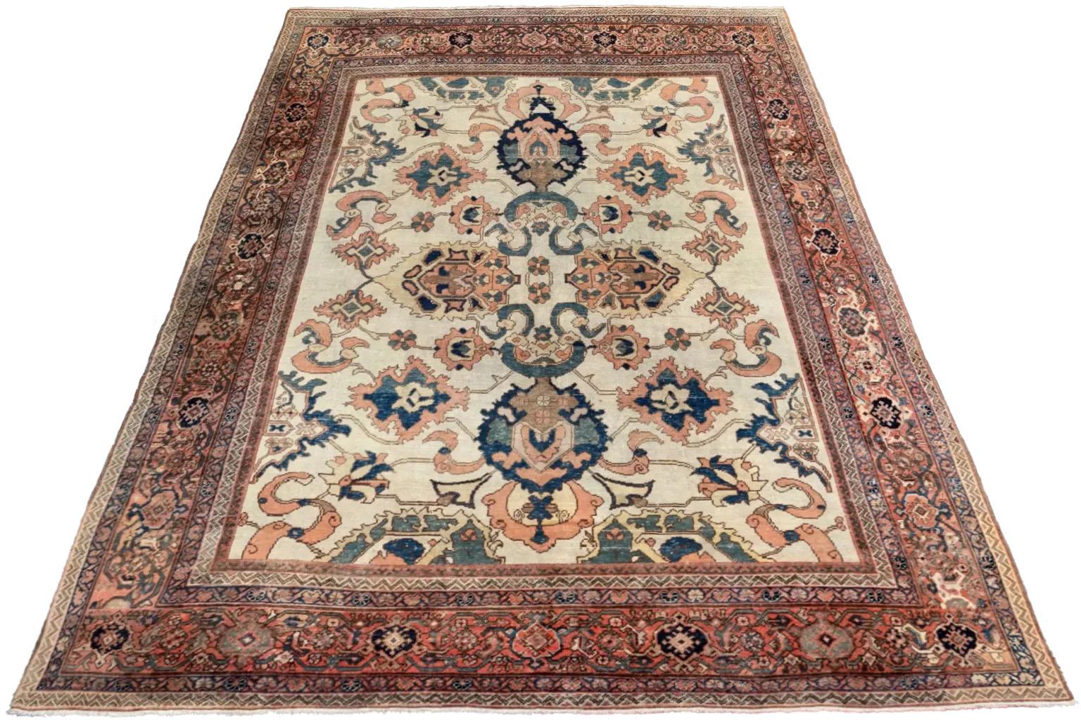 Persian Sultanabad Area Rugs Circa 1880 - Wool Blue Ivory Pink Red - 92425 In Excellent Condition For Sale In Dallas, TX