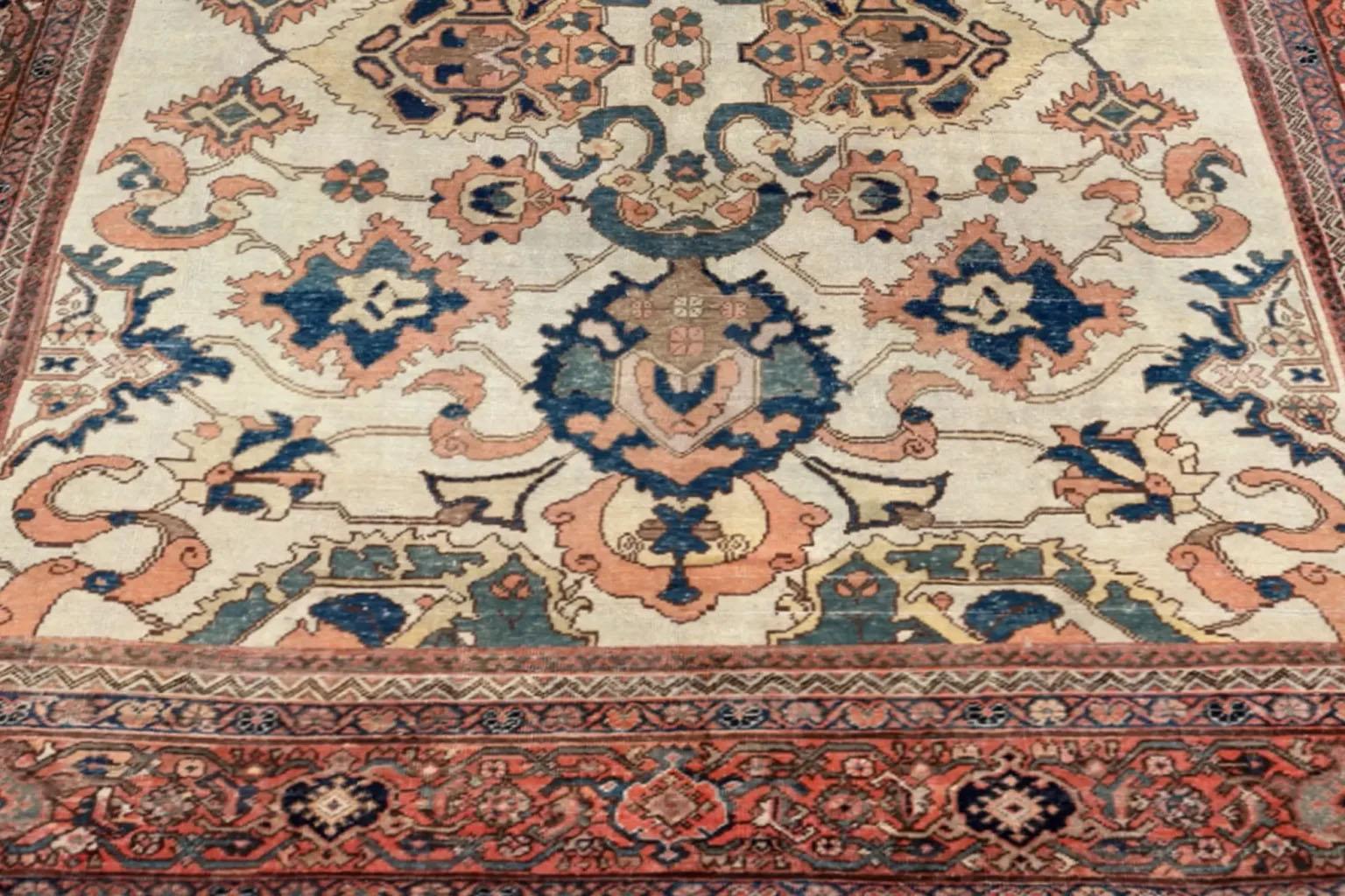 20th Century Persian Sultanabad Area Rugs Circa 1880 - Wool Blue Ivory Pink Red - 92425 For Sale
