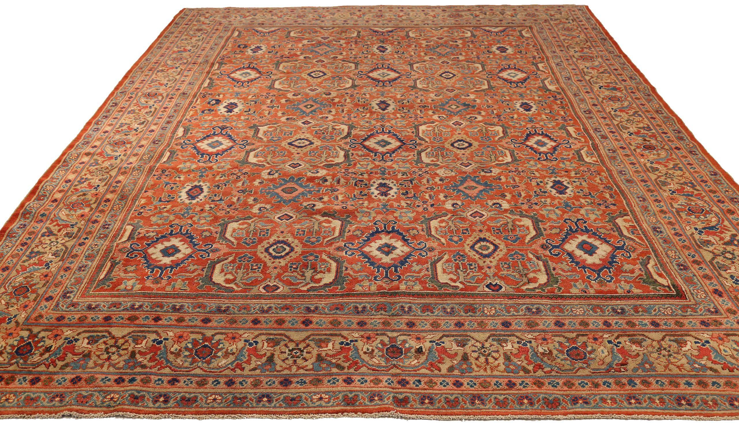 Entdecken Sie die Eleganz der persischen Sultanabad Teppiche von CIRCA 1880. Dieses exklusive Design aus Wolle und Blau-Elfenbein-Rot ist perfekt, um Ihren Raum zu verschönern.