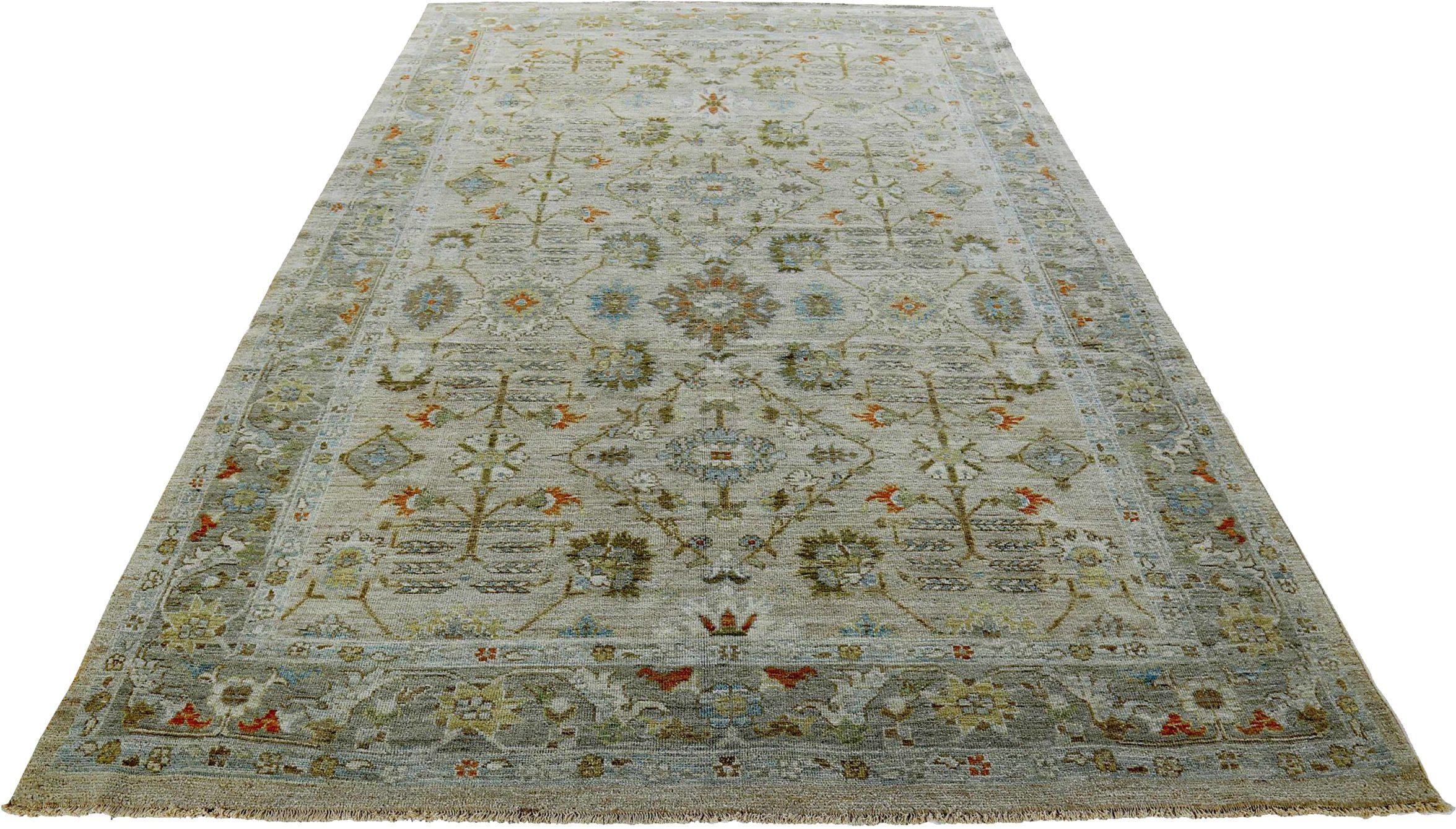 Entdecken Sie die Eleganz der persischen Sultanabad Teppiche von CIRCA 1990. Dieses exklusive Design aus Wolle und BlauGrünElfenbein ist perfekt, um Ihren Raum zu verschönern.
