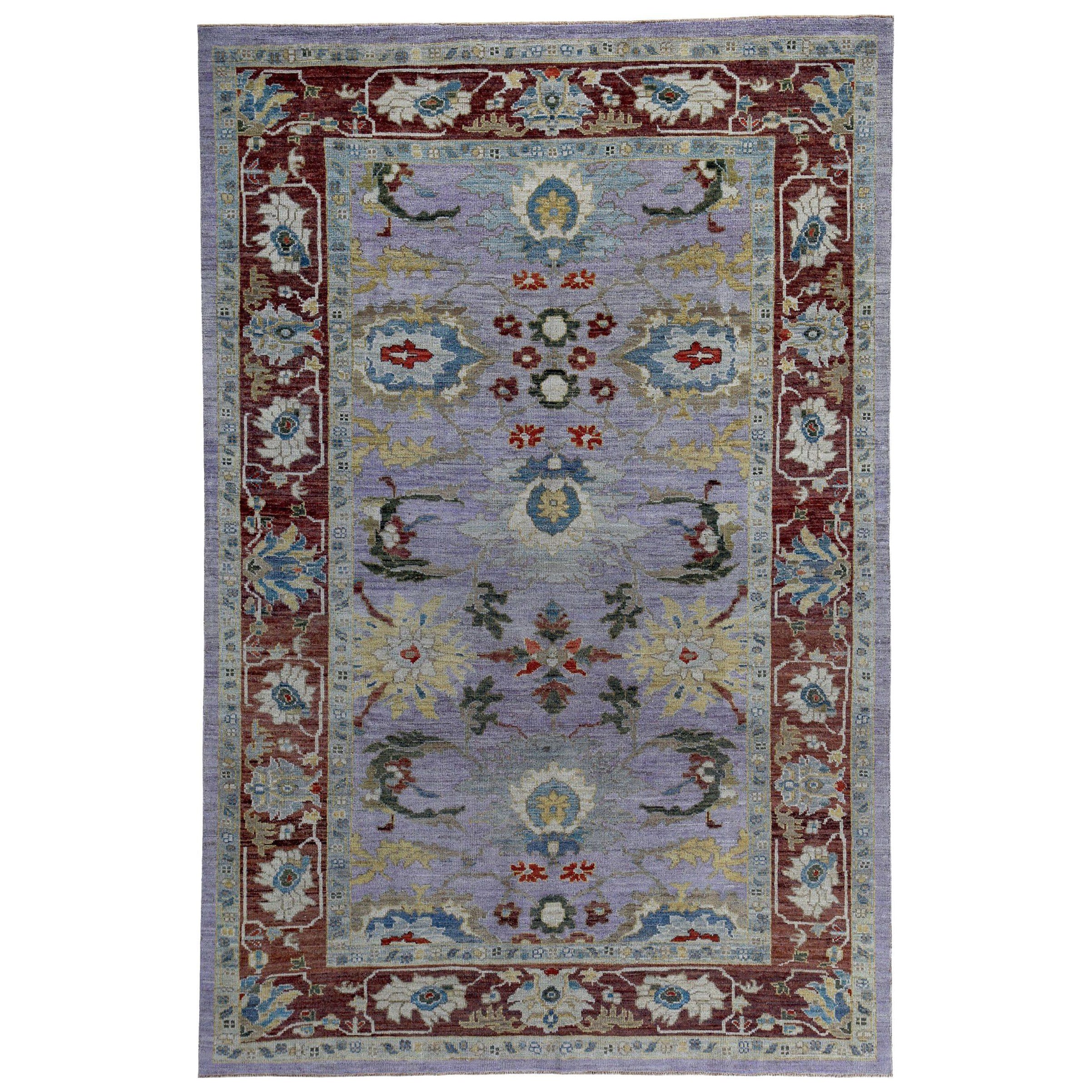 Persian Sultanabad Area Rugs Circa 1990 - Wool Purpel Red Yellow Design - 89449