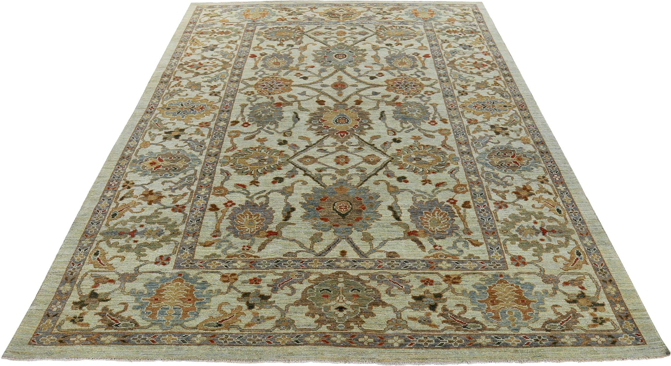 Entdecken Sie die Eleganz der persischen Sultanabad Teppiche von CIRCA 1990. Dieses exklusive Design aus Wolle und Blau-Elfenbein eignet sich perfekt, um Ihren Raum zu verschönern.