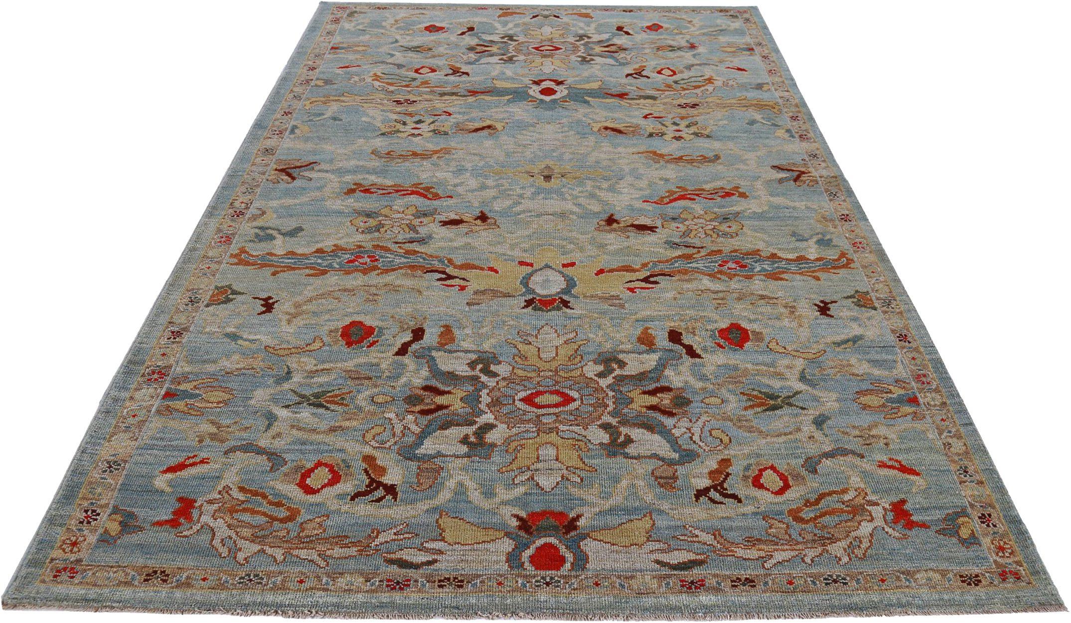 Découvrez l'élégance des tapis persans Sultanabad de Circa 1990. Conçu avec de la laine et de l'ivoireBleu clairJaune, ce design exclusif est parfait pour mettre en valeur votre espace.