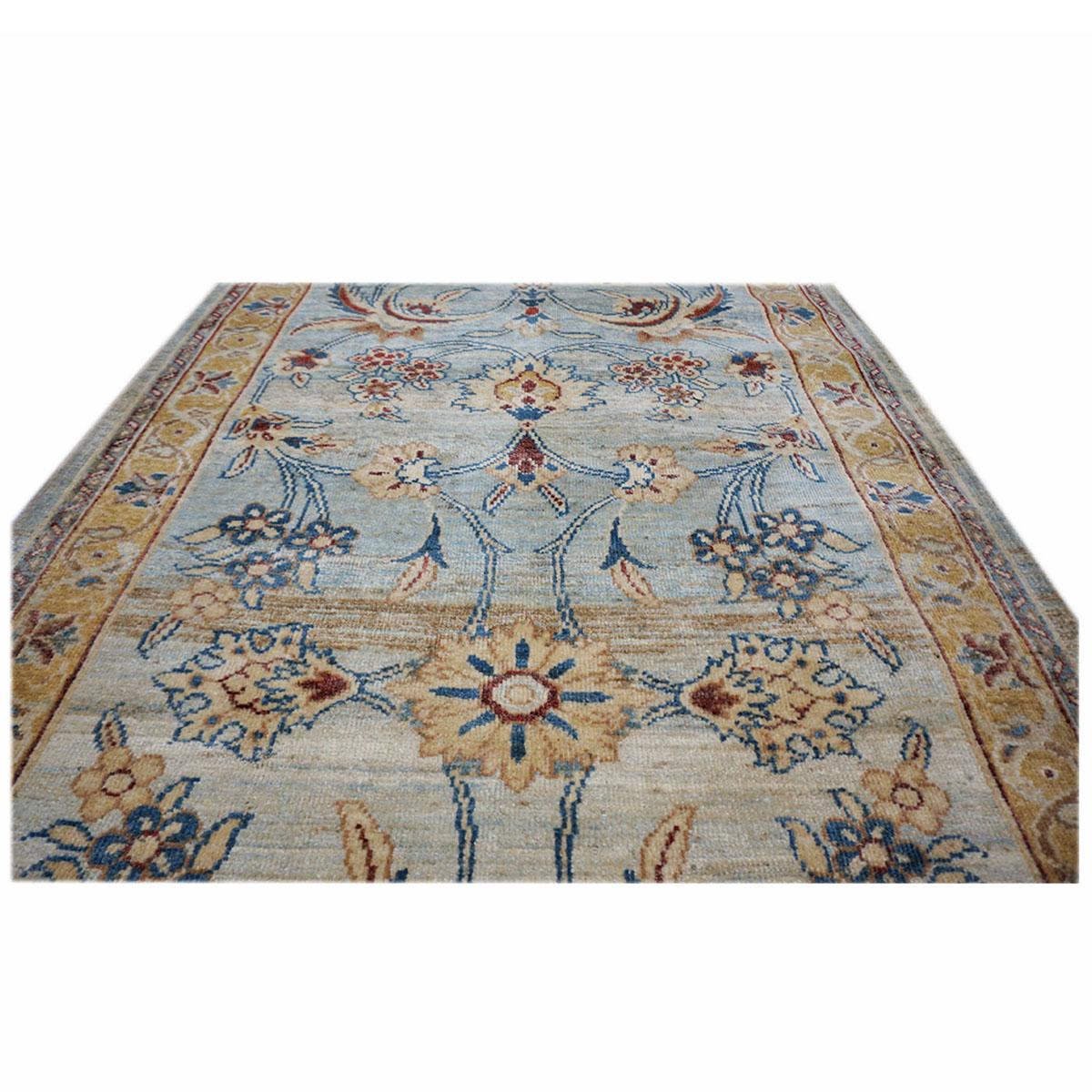 Hand-Woven Persian Sultanabad Masters 3x25 Light Blue & Gold Handmade Runner Rug For Sale