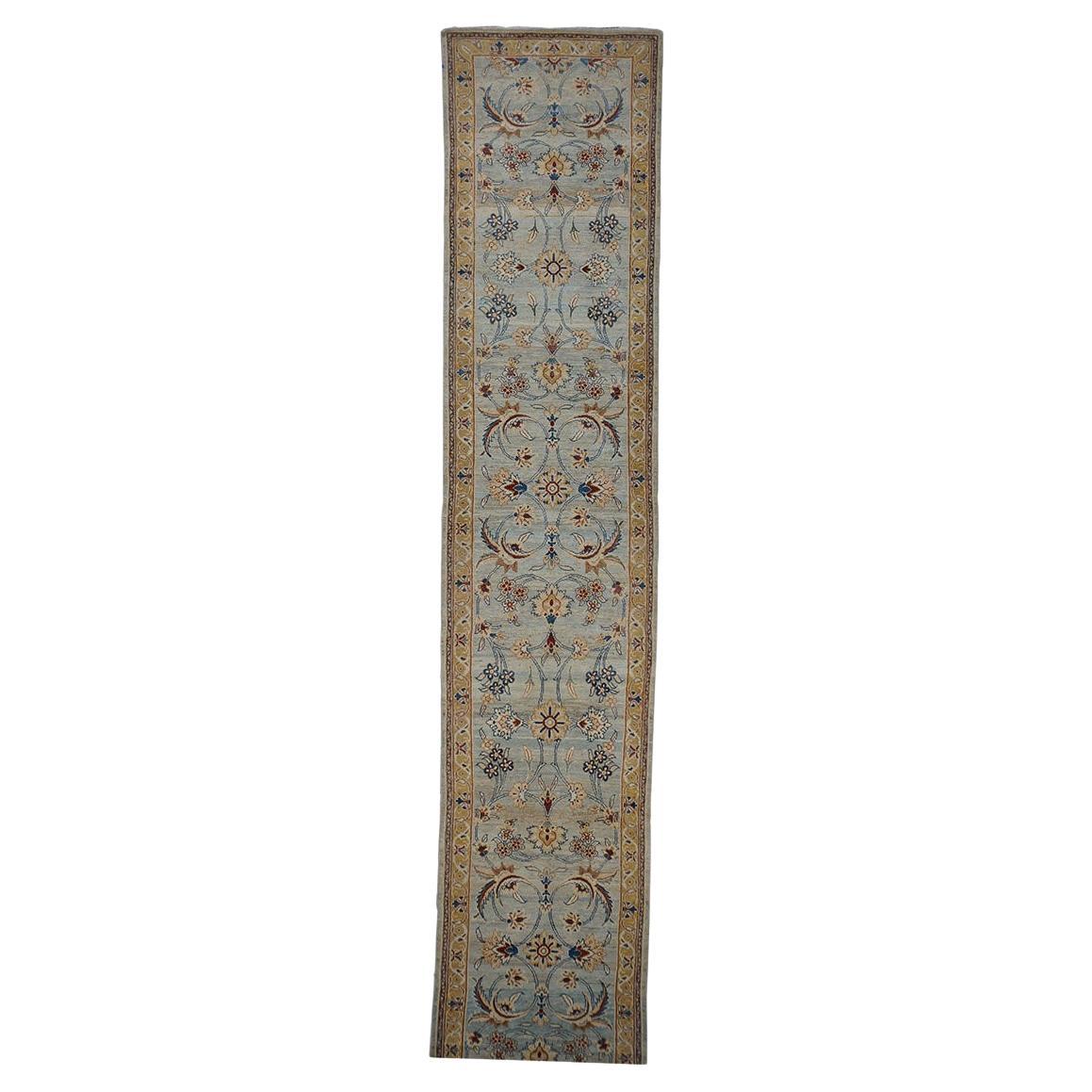 Persian Sultanabad Masters 3x25 Light Blue & Gold Handmade Runner Rug For Sale