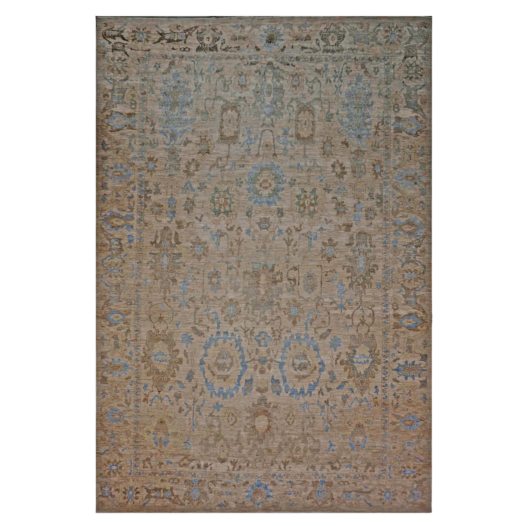 Area persiana Sultanabad Masters in lana 12 x 18 blu chiaro, beige e marrone fatta a mano