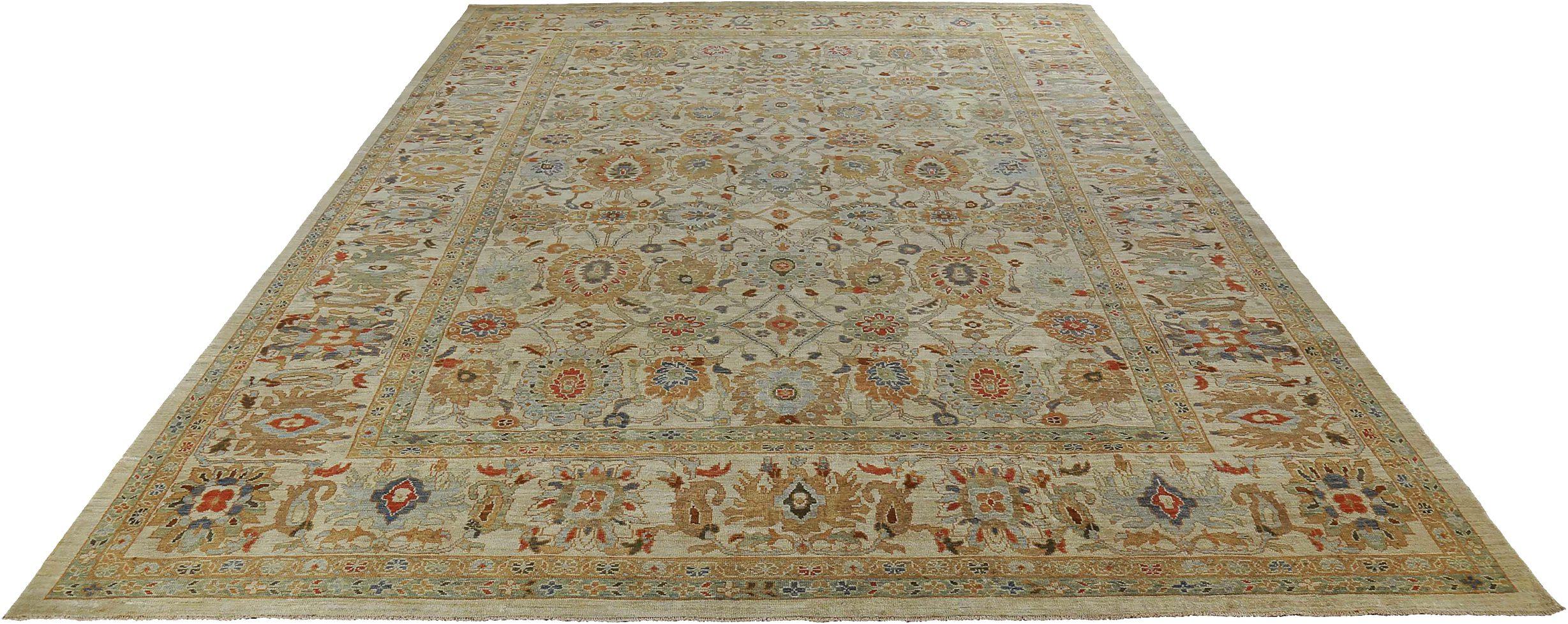 Entdecken Sie die Eleganz des persischen Sultanabad-Teppichs in Übergröße aus der Zeit um 1990. Dieses exklusive Design aus Wolle und BlauBraunElfenbein ist perfekt, um Ihren Raum zu verschönern.