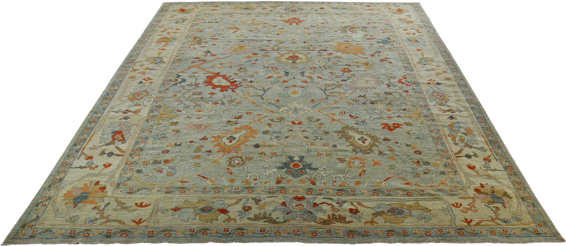 Entdecken Sie die Eleganz des persischen Sultanabad-Teppichs in Übergröße aus der Zeit um 1990. Dieses exklusive Design aus Wolle und ElfenbeinHellblauRot ist perfekt, um Ihren Raum zu verschönern.