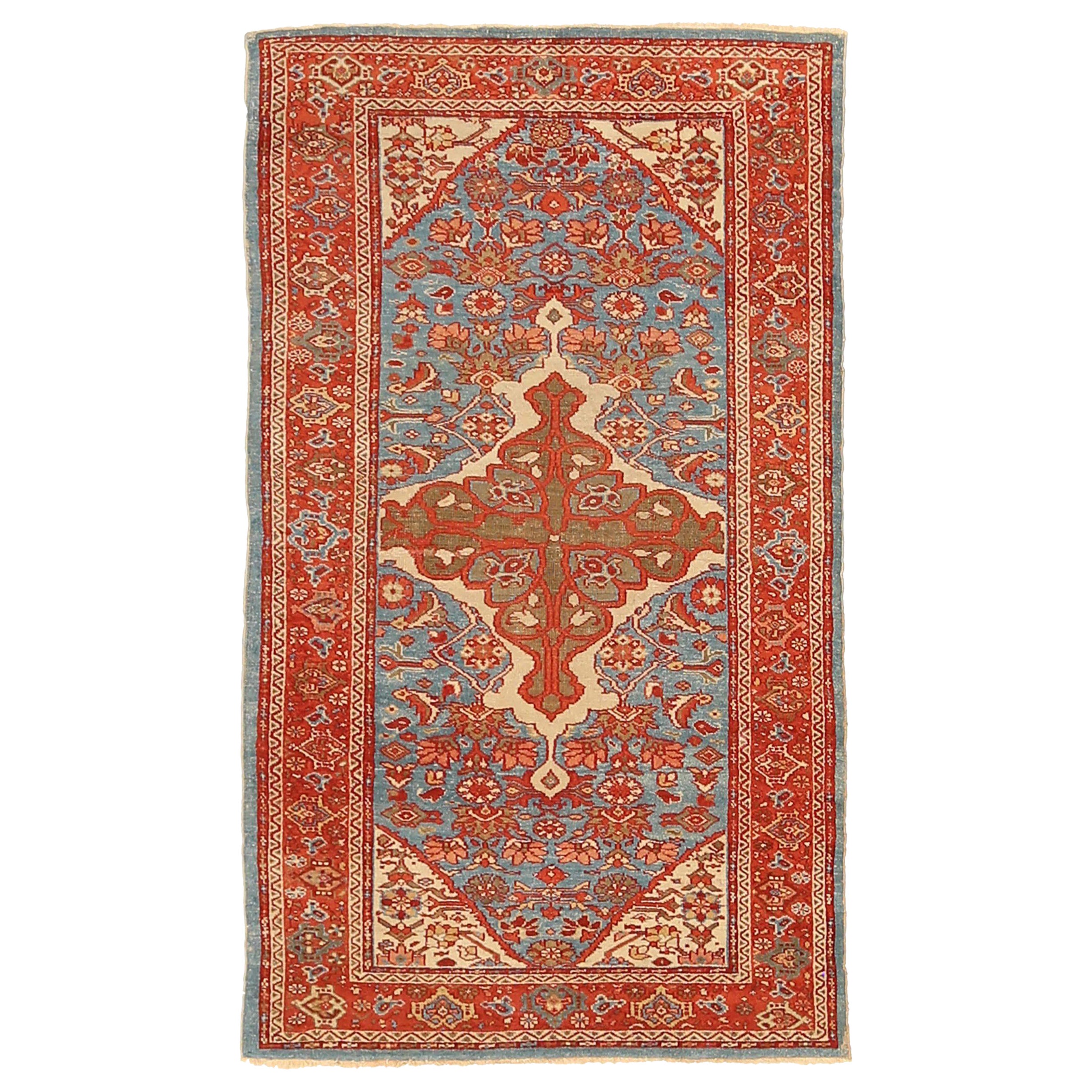 Persian Sultanabad Small Rug Circa 1910 - Wool Blue Ivory Red Design - 92416 For Sale