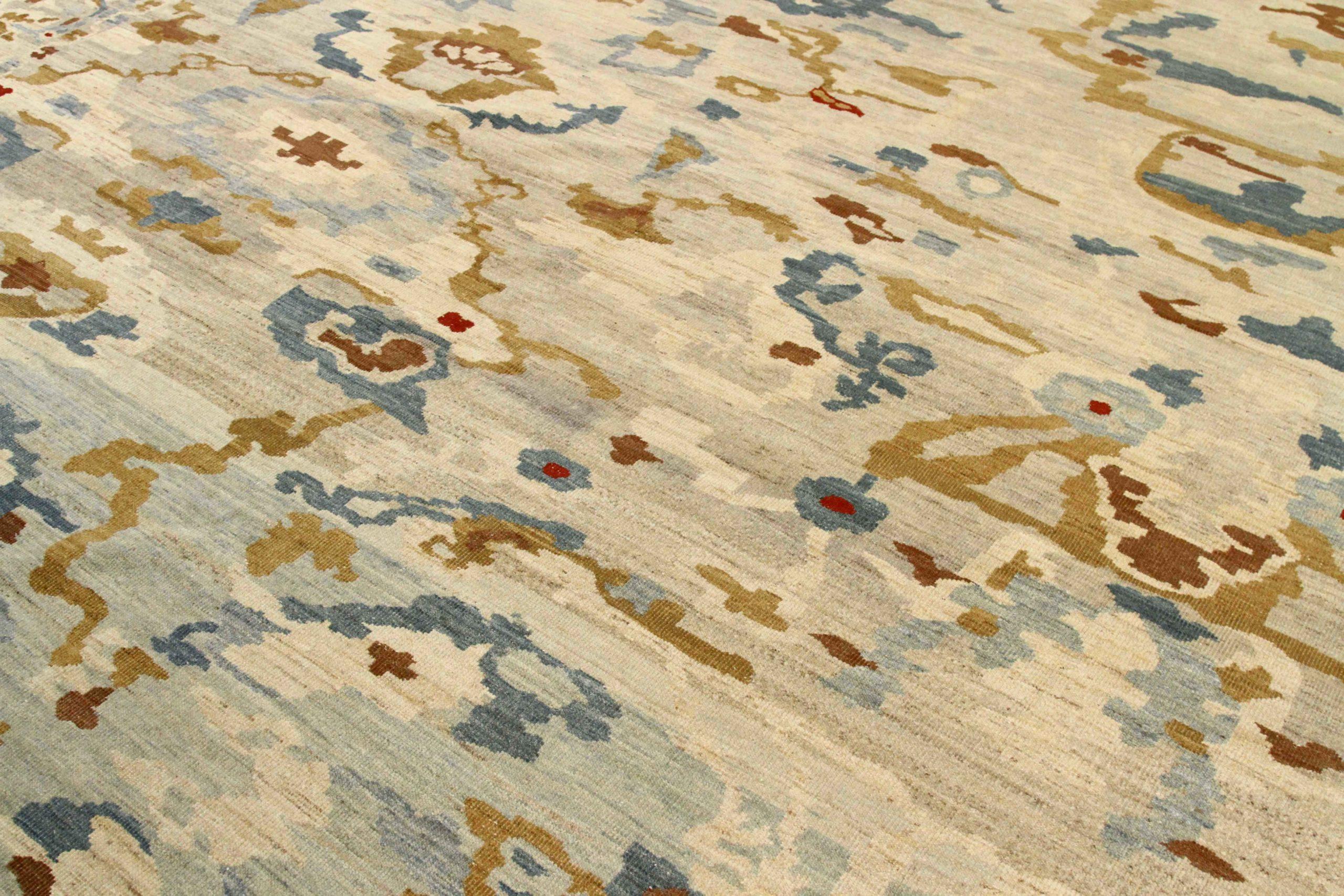 Irakien Tapis persans Sultanabad carré en laine bleu ivoire jaune - 76052 en vente