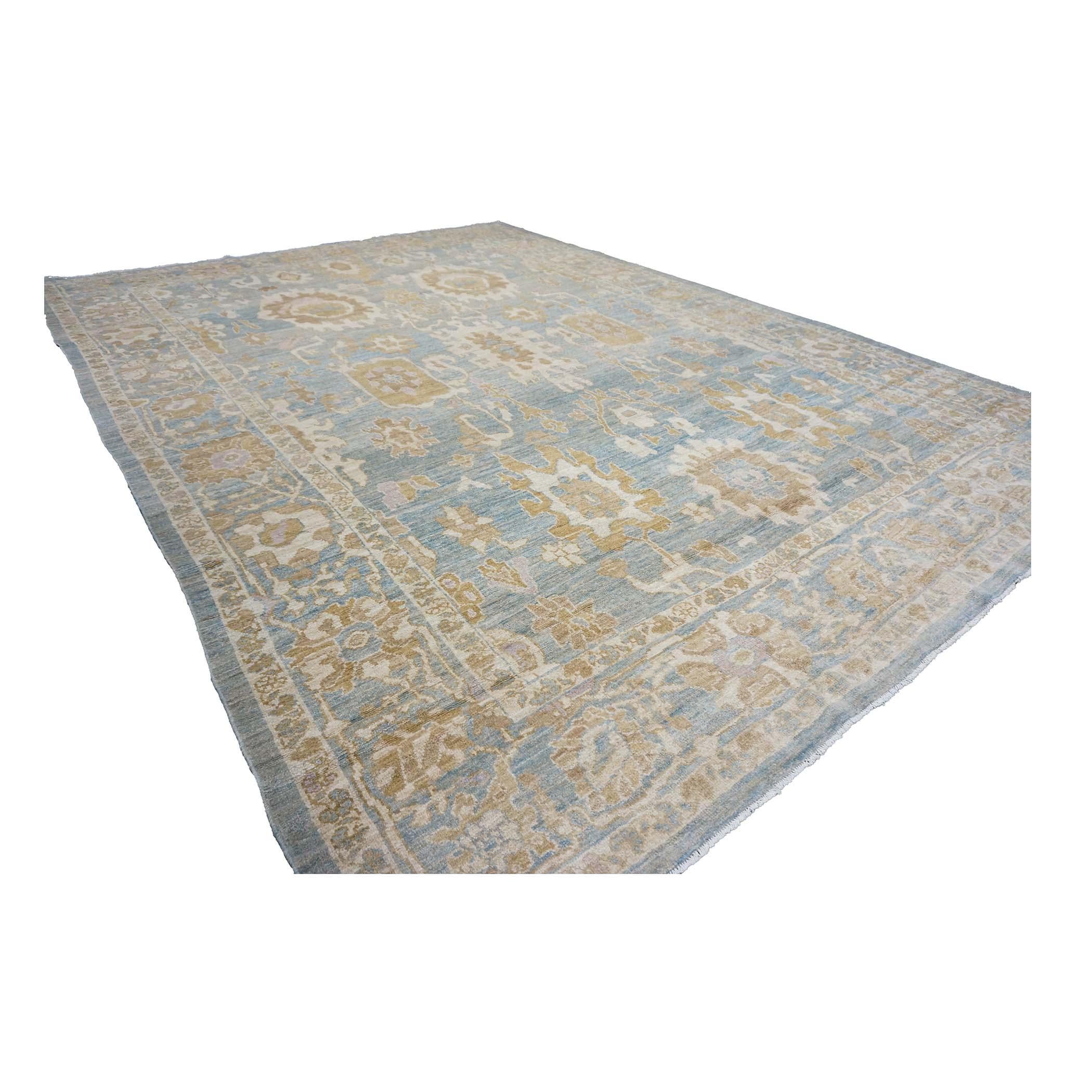 Persiano Tappeto persiano Sultanabad Rugs in lana 10 x 14 blu, oro e avorio fatto a mano in vendita