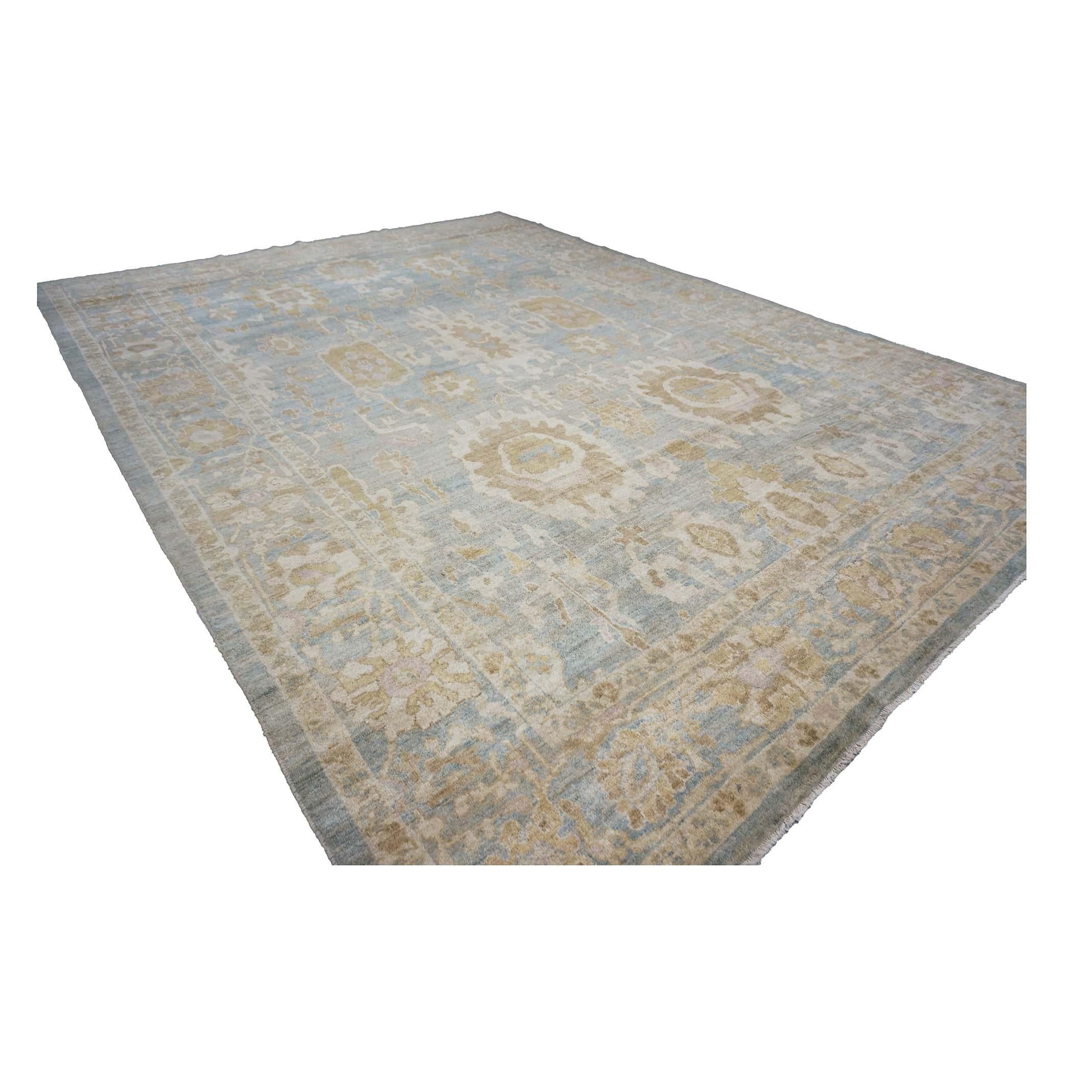Annodato a mano Tappeto persiano Sultanabad Rugs in lana 10 x 14 blu, oro e avorio fatto a mano in vendita