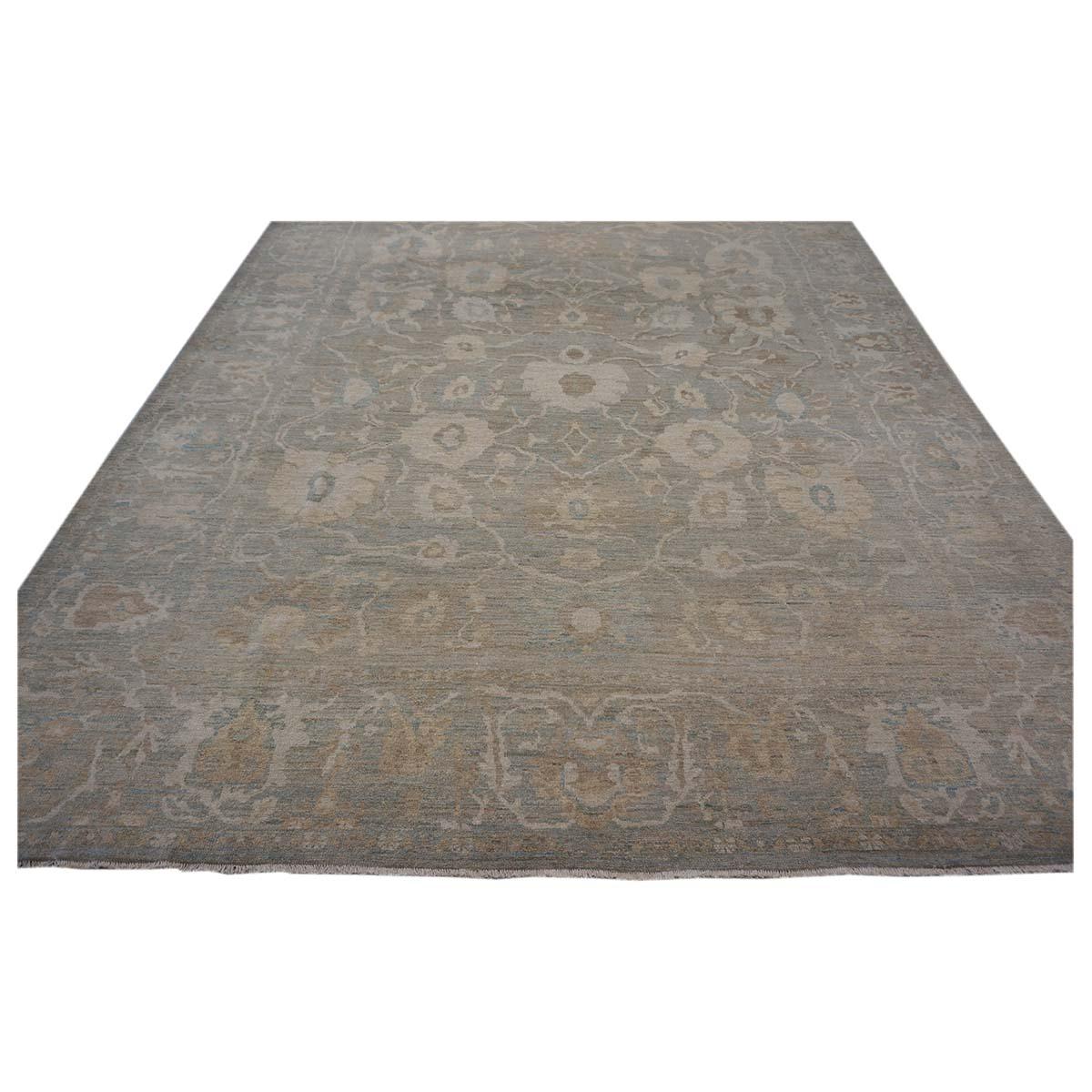 Persische Sultanabad Rugs 10x14 Schieferblau, Elfenbein & Tan Handgefertigter Wollteppich (Handgewebt) im Angebot