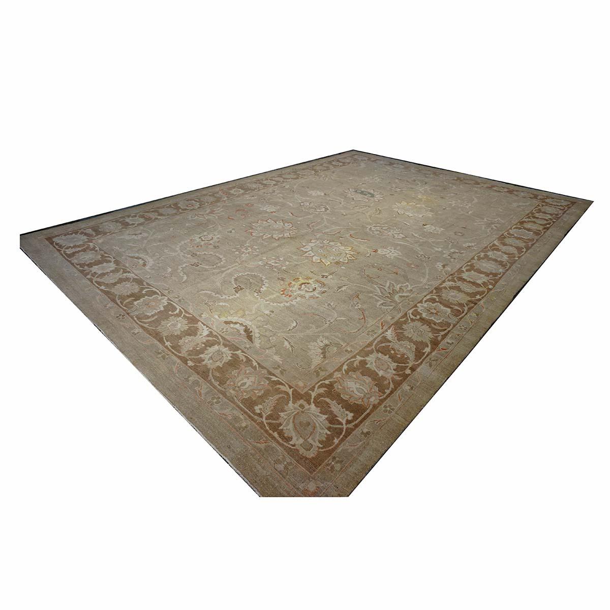 Persischer Sultanabad Rugs Wollteppich 13 x 18 Elfenbein, Orange, Taupe & Grün Handgefertigter Vorleger im Zustand „Starke Gebrauchsspuren“ im Angebot in Houston, TX