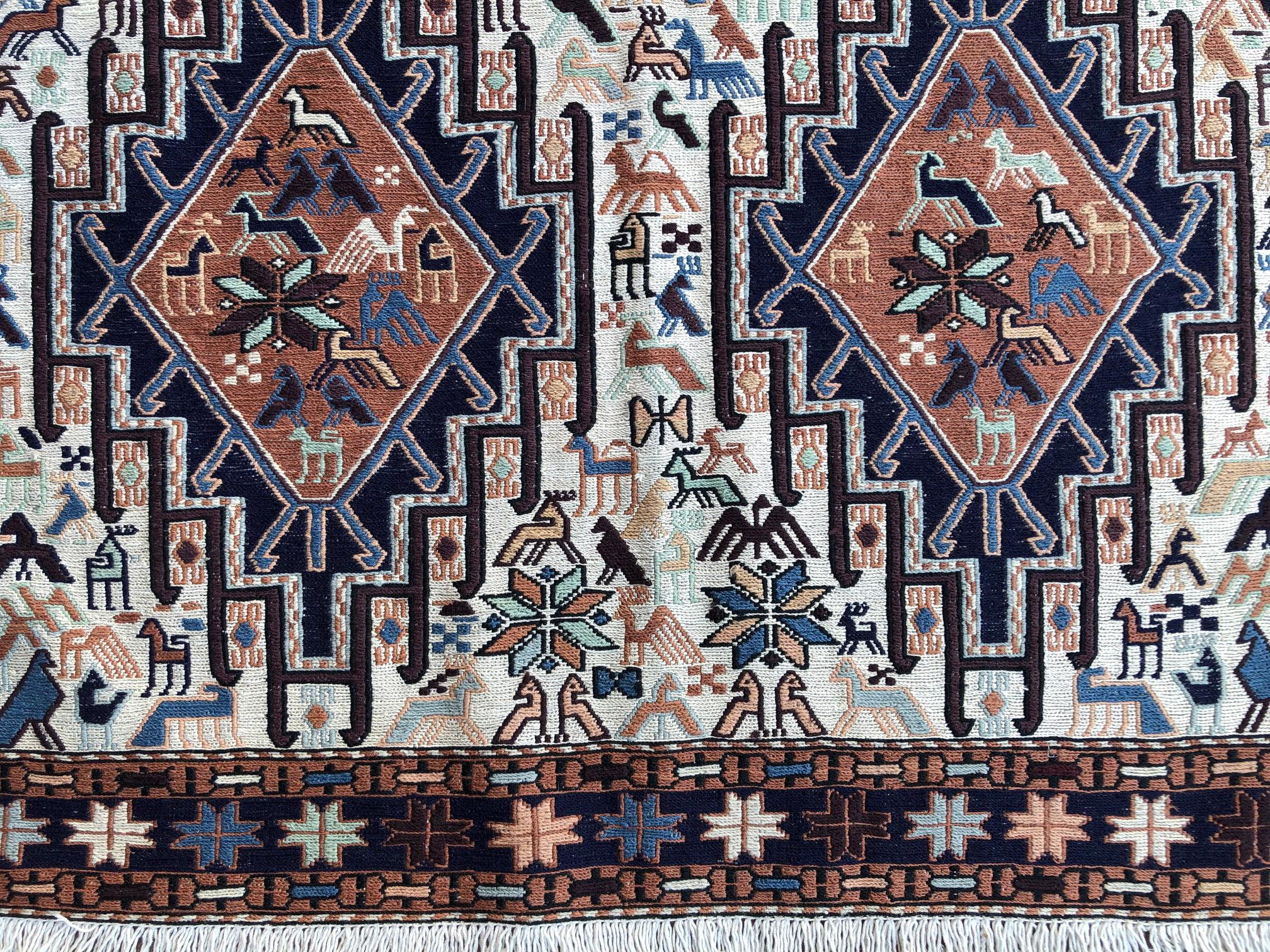 Persian Multi-Color Tribal Animal Motif Sumak Kilim Rug For Sale 2